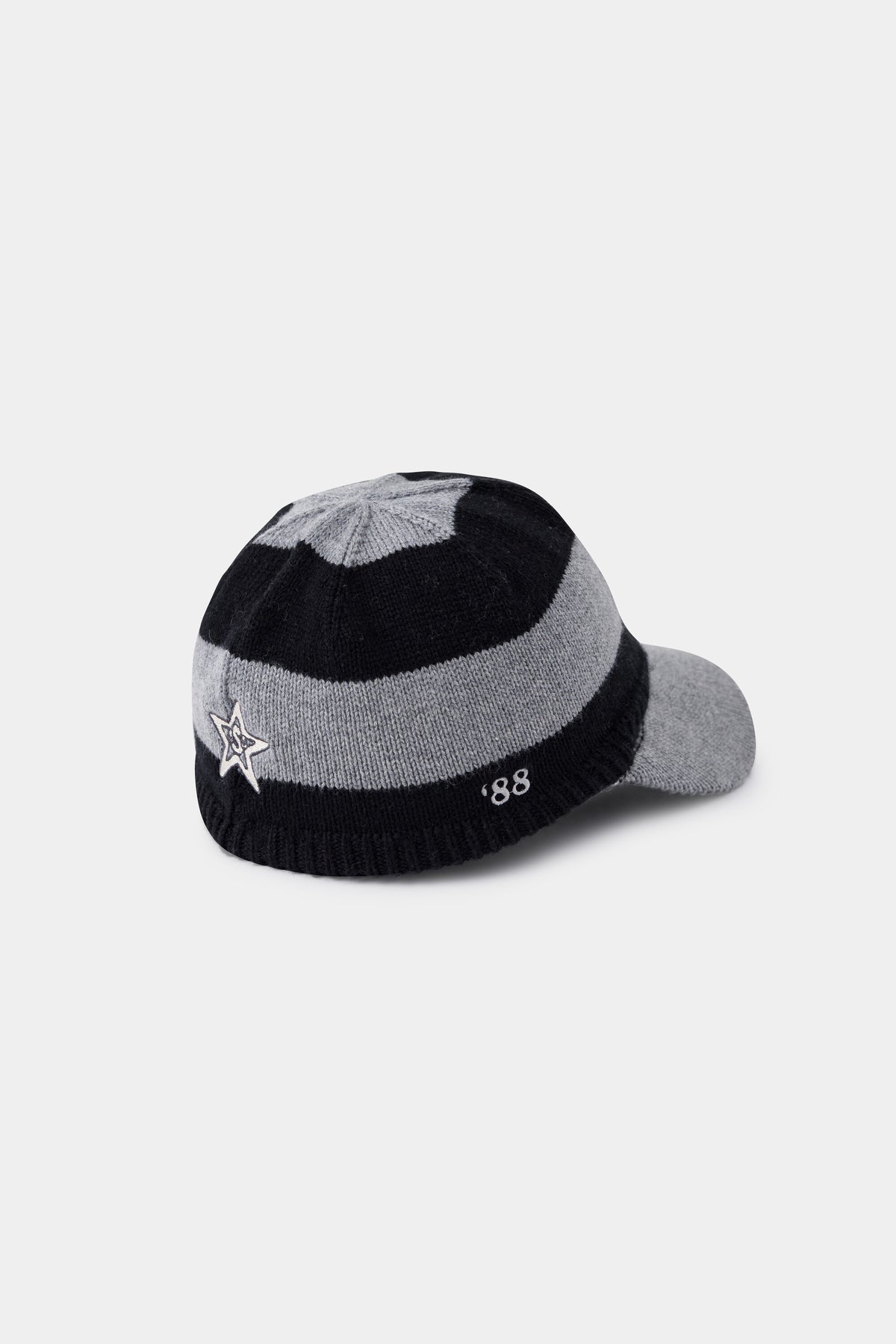Back view of the Striped Knitted Cap showing the grey star crown panel, side star patch and 88 embroidery.