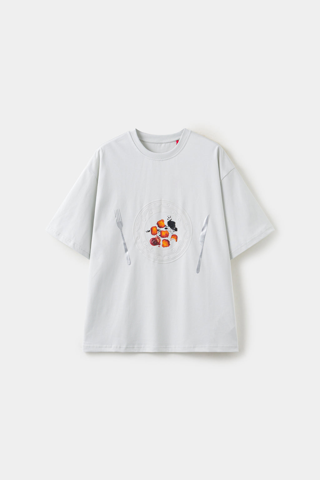 The Last Supper Tee in white, a short-sleeve crewneck with a small embossed plate, fork and knife print at the chest.