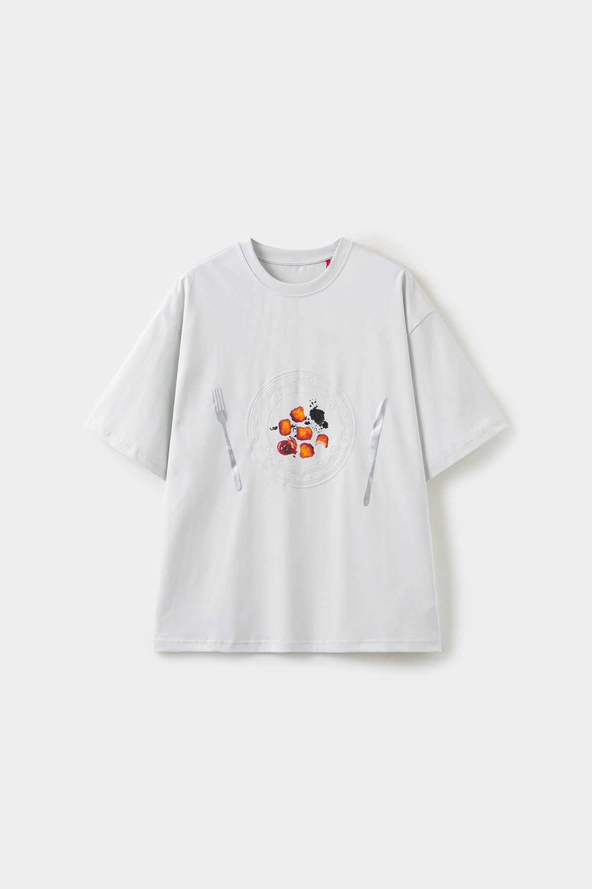 The Last Supper Tee in white, a short-sleeve crewneck with a small embossed plate, fork and knife print at the chest.
