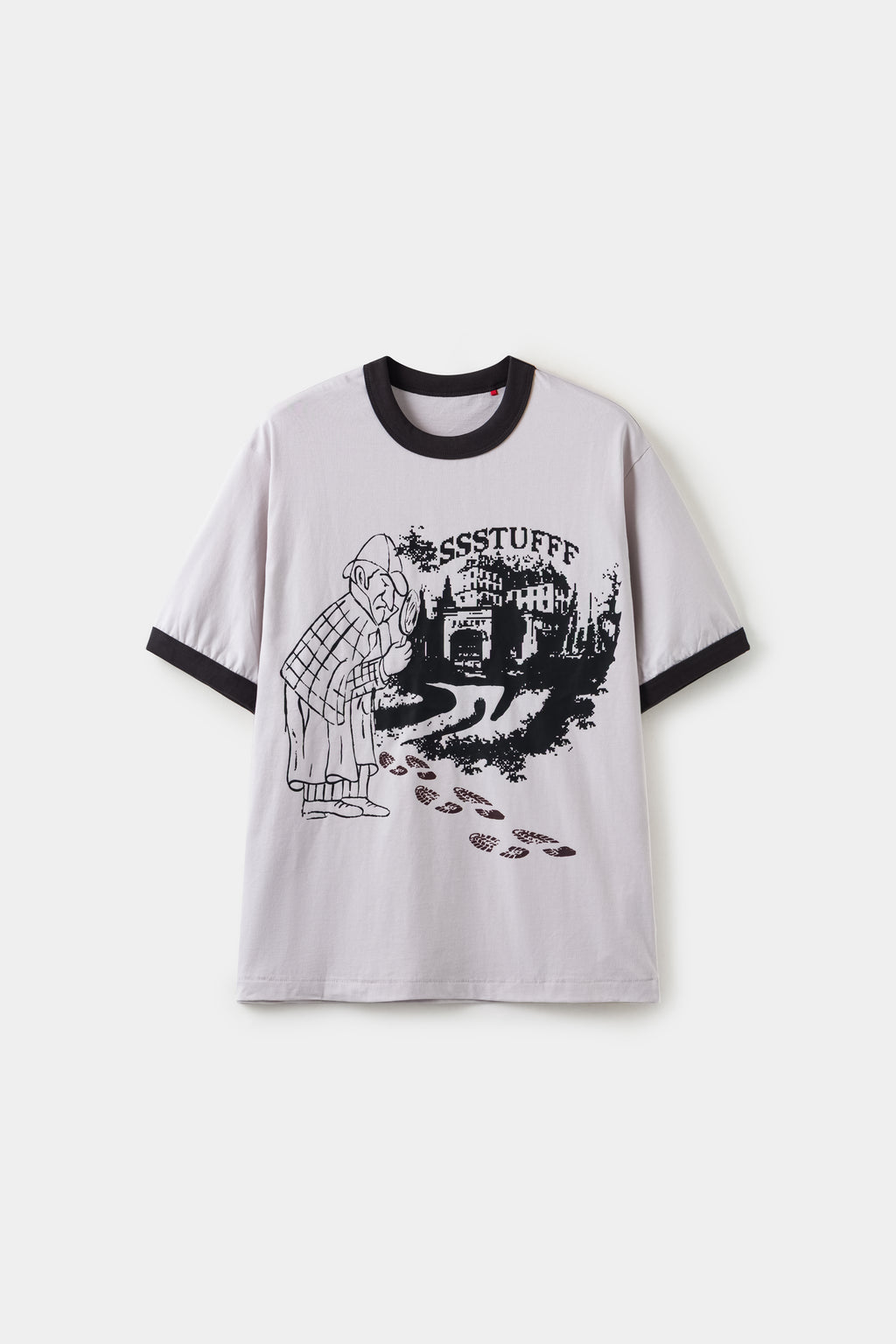 Thermo Reveal Footsteps Tee, a light grey ringer tee with black collar and cuffs and a detective graphic.