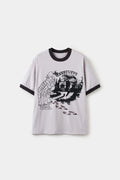 Thermo Reveal Footsteps Tee, a light grey ringer tee with black collar and cuffs and a detective graphic.
