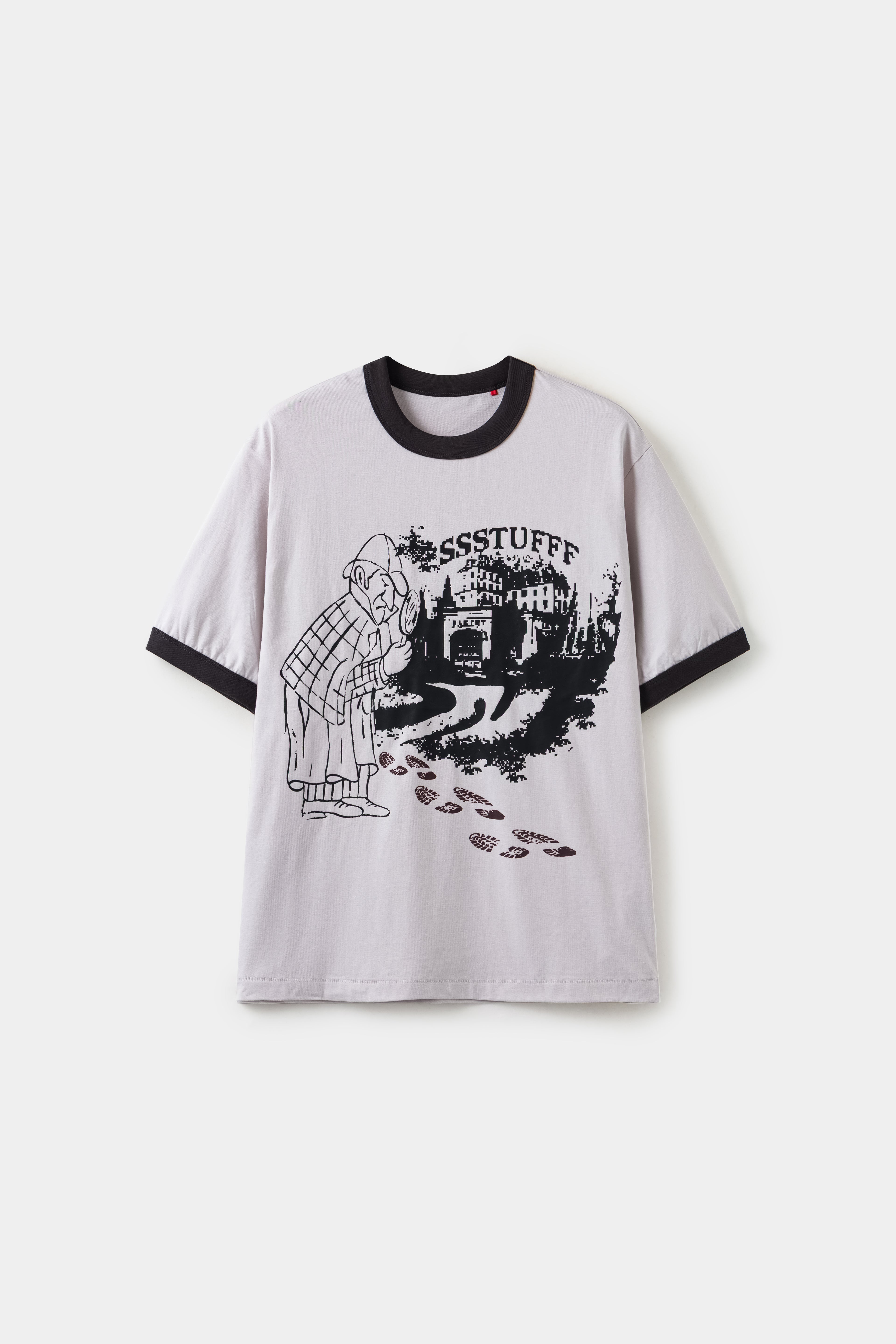 Thermo Reveal Footsteps Tee, a light grey ringer tee with black collar and cuffs and a detective graphic.