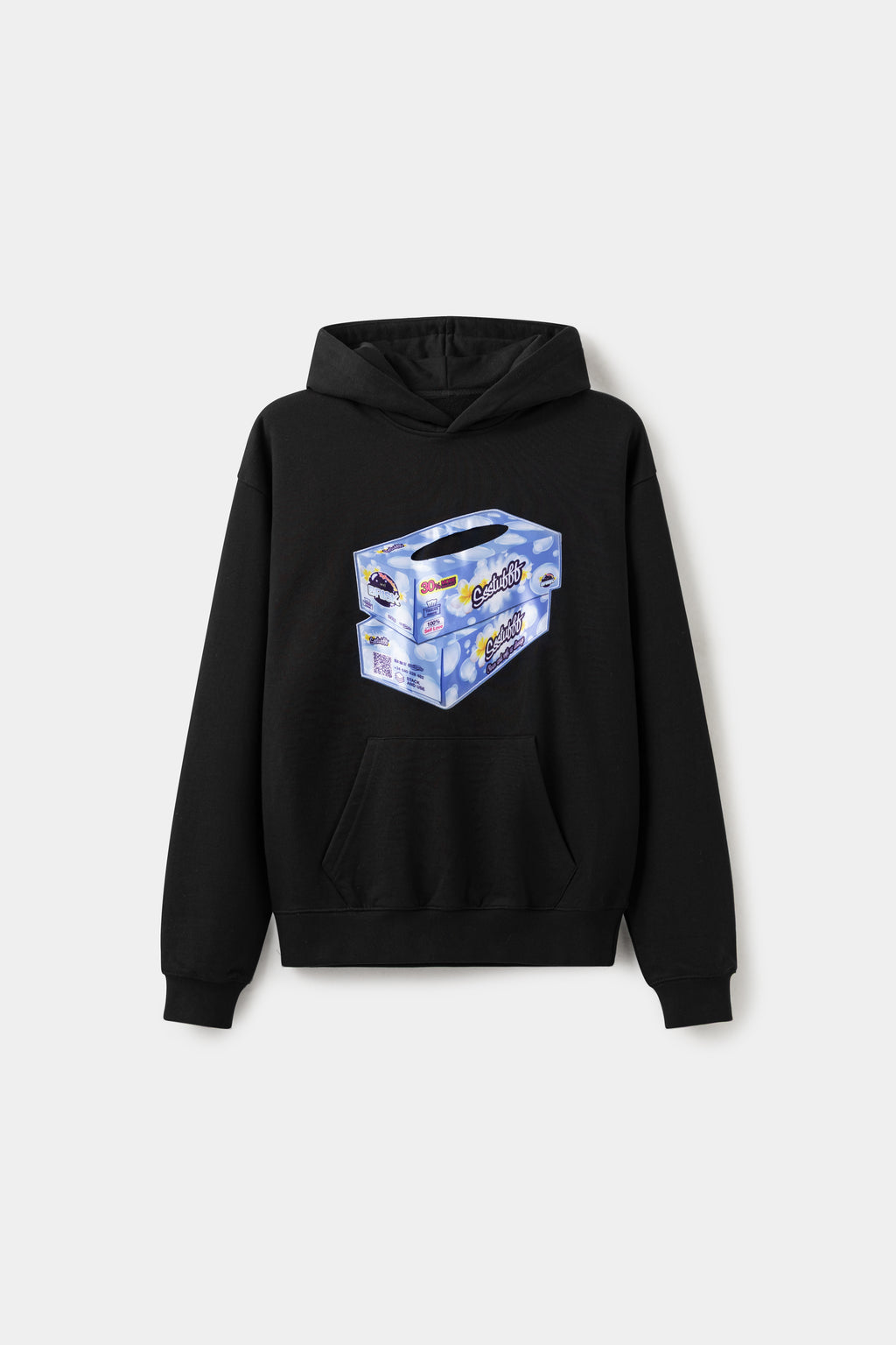Tissue Hoodie in black, with a 3D tissue box patch sewn onto the chest.