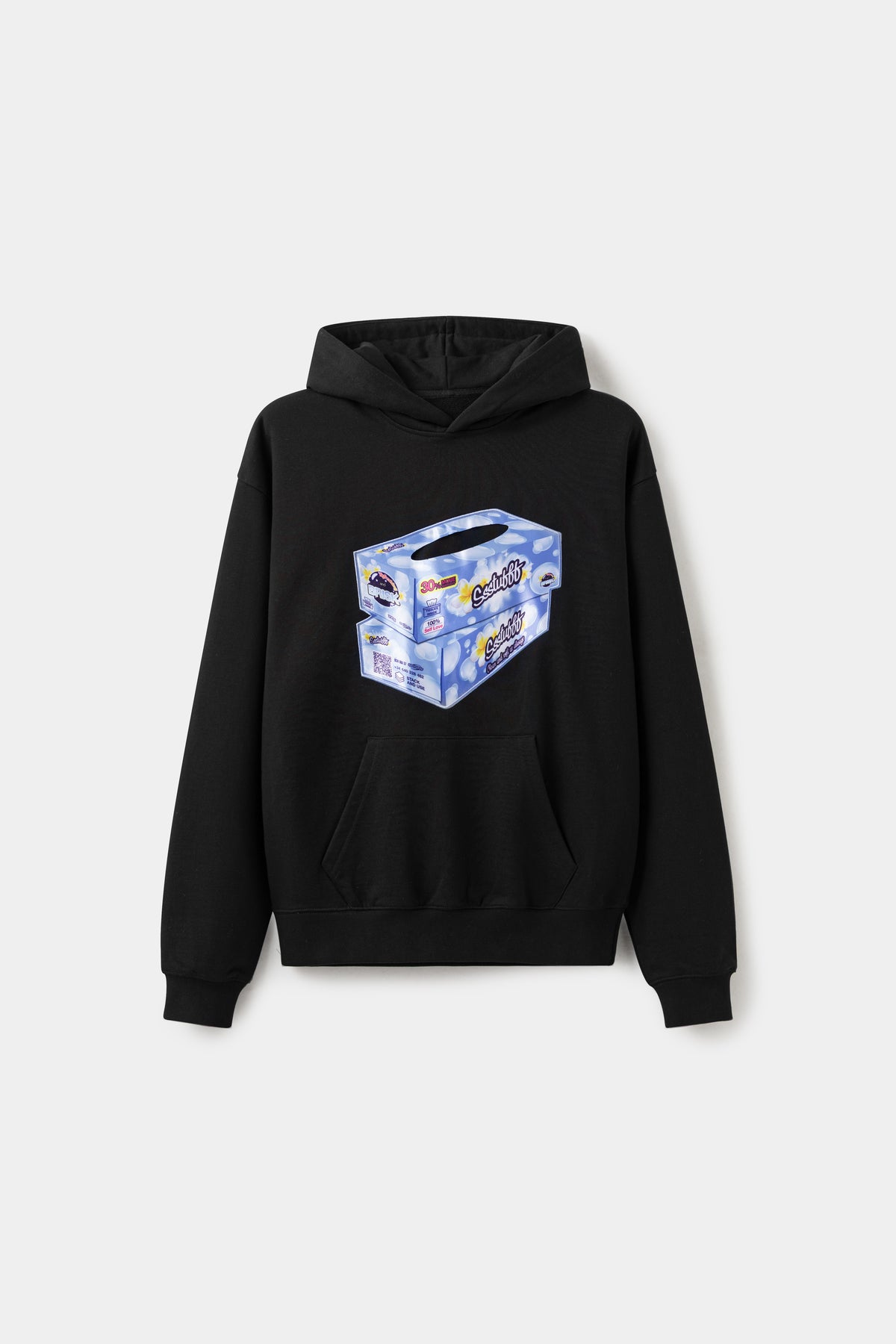 Tissue Hoodie in black, with a 3D tissue box patch sewn onto the chest.
