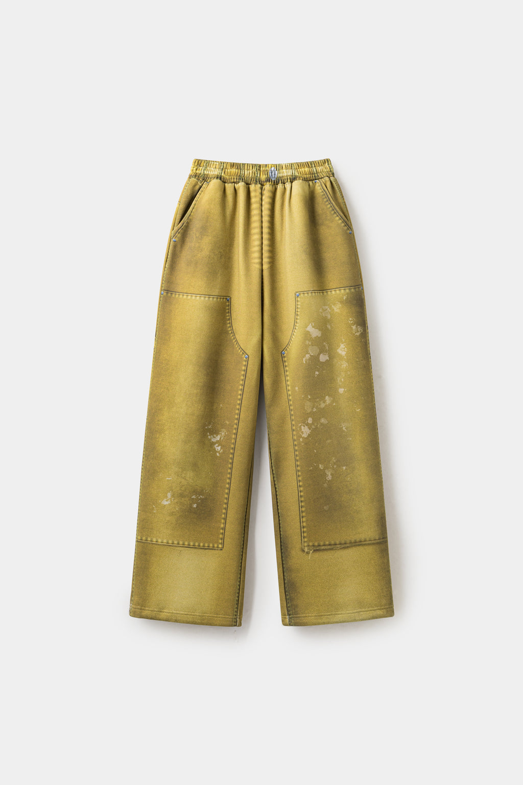 Trompe L'Oeil Printed Double Knee Sweatpants in mustard, printed to look like faded, paint-splattered workwear.