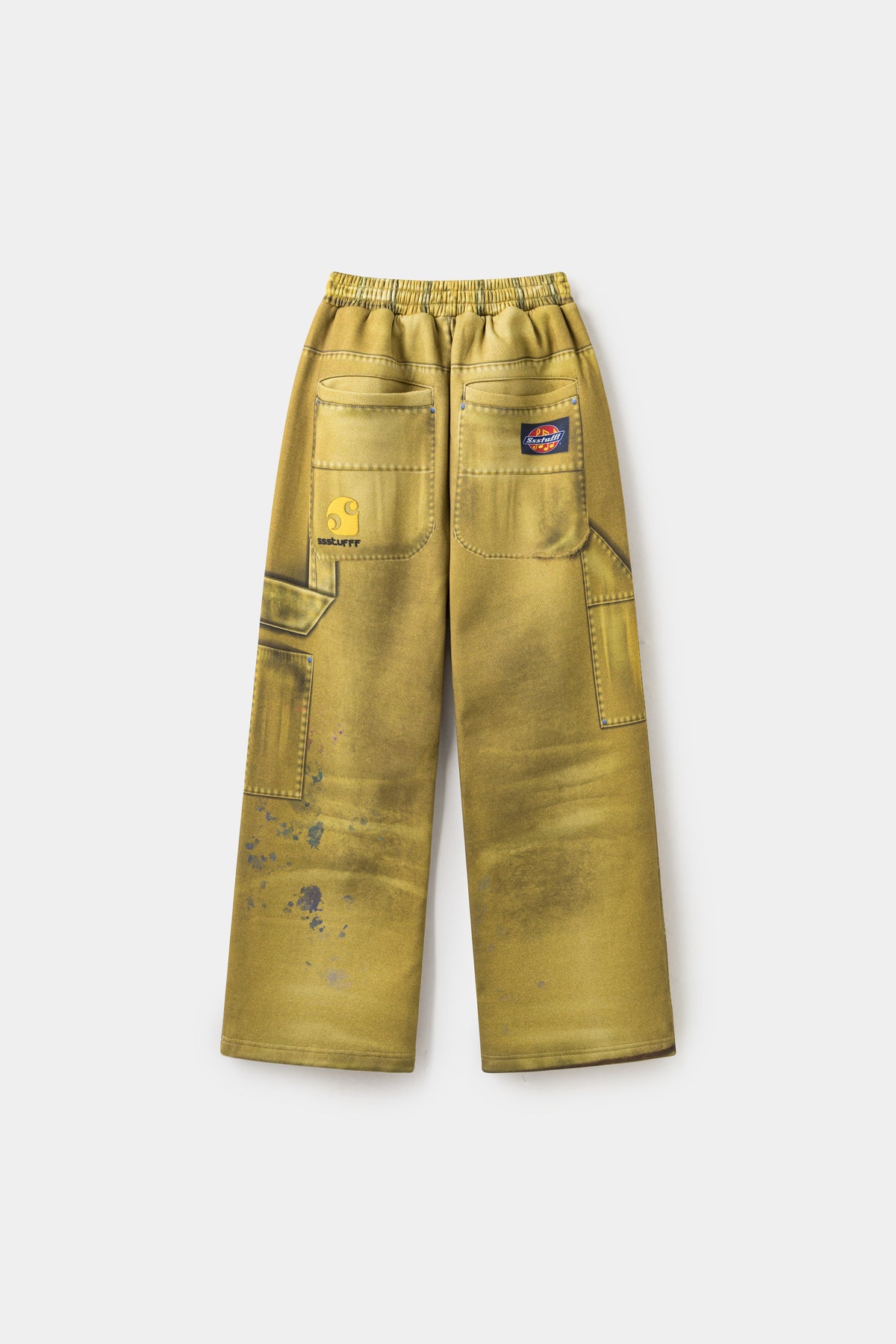 Back view of the mustard double knee sweatpants, with printed patch pockets and a woven Ssstufff work label.