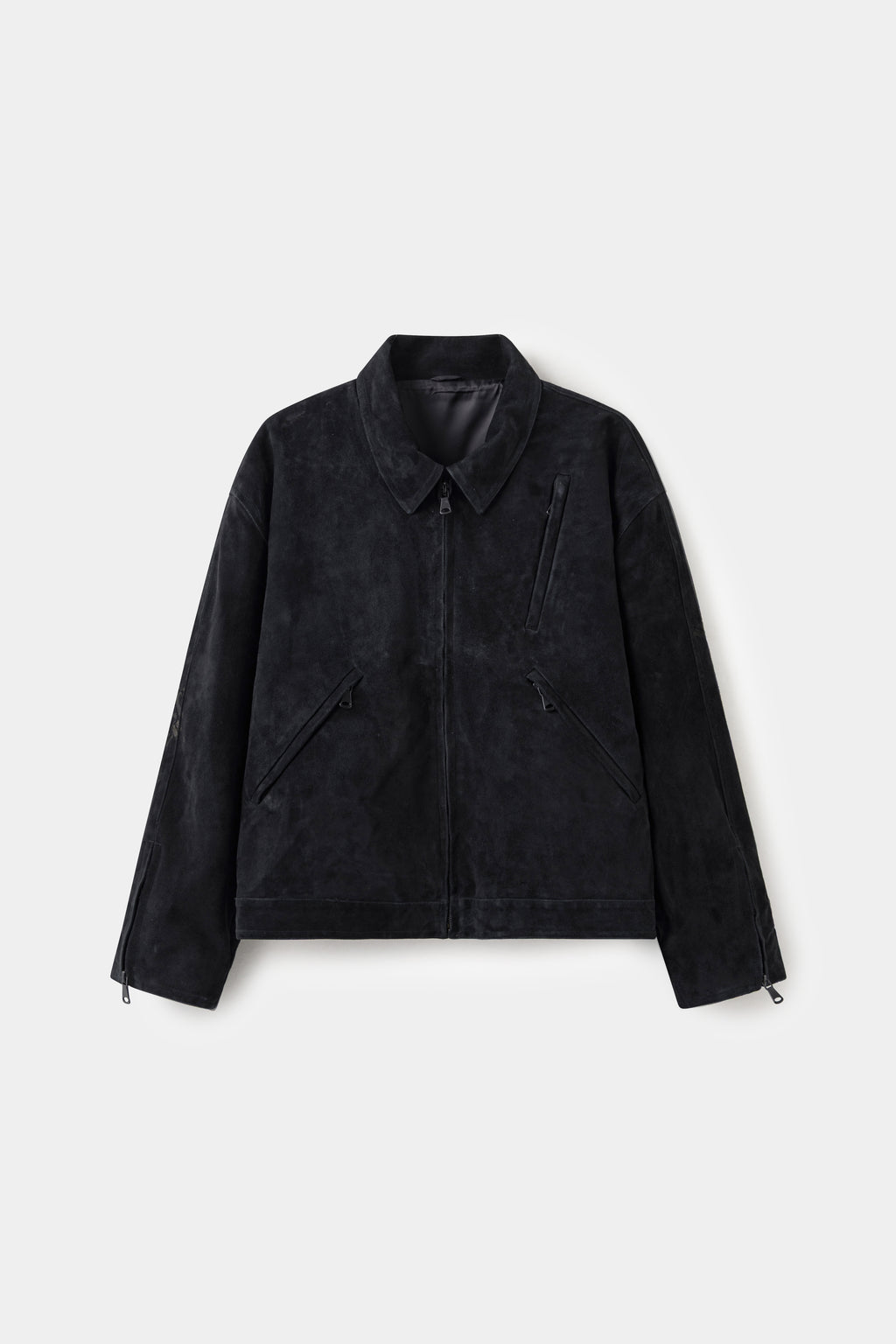 Tyre Track Suede Jacket in black, cut as a short zip-front blouson.