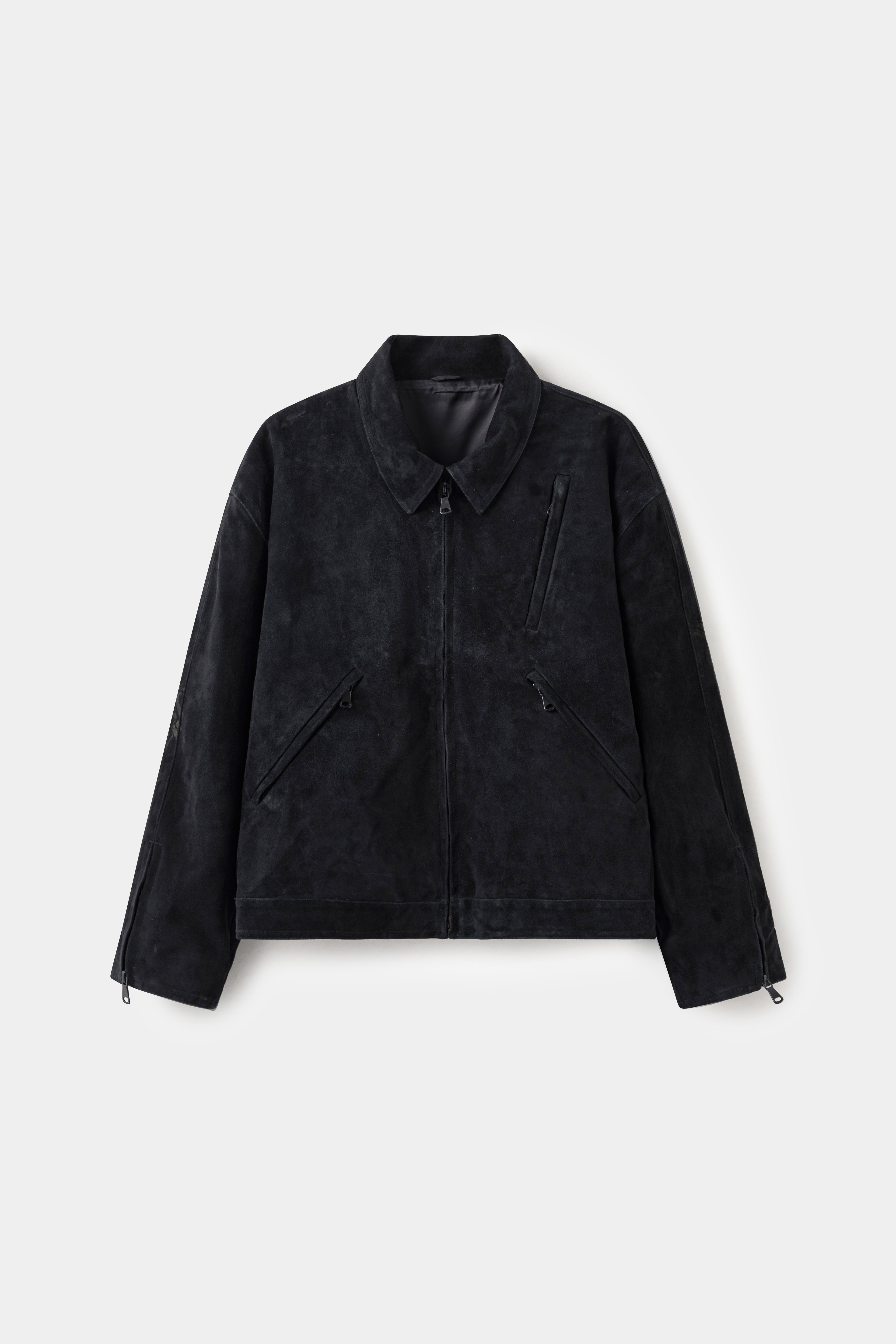 Tyre Track Suede Jacket in black, cut as a short zip-front blouson.