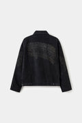 Back view of the black suede jacket, printed with a tyre track carrying the SSSTUFFF name.