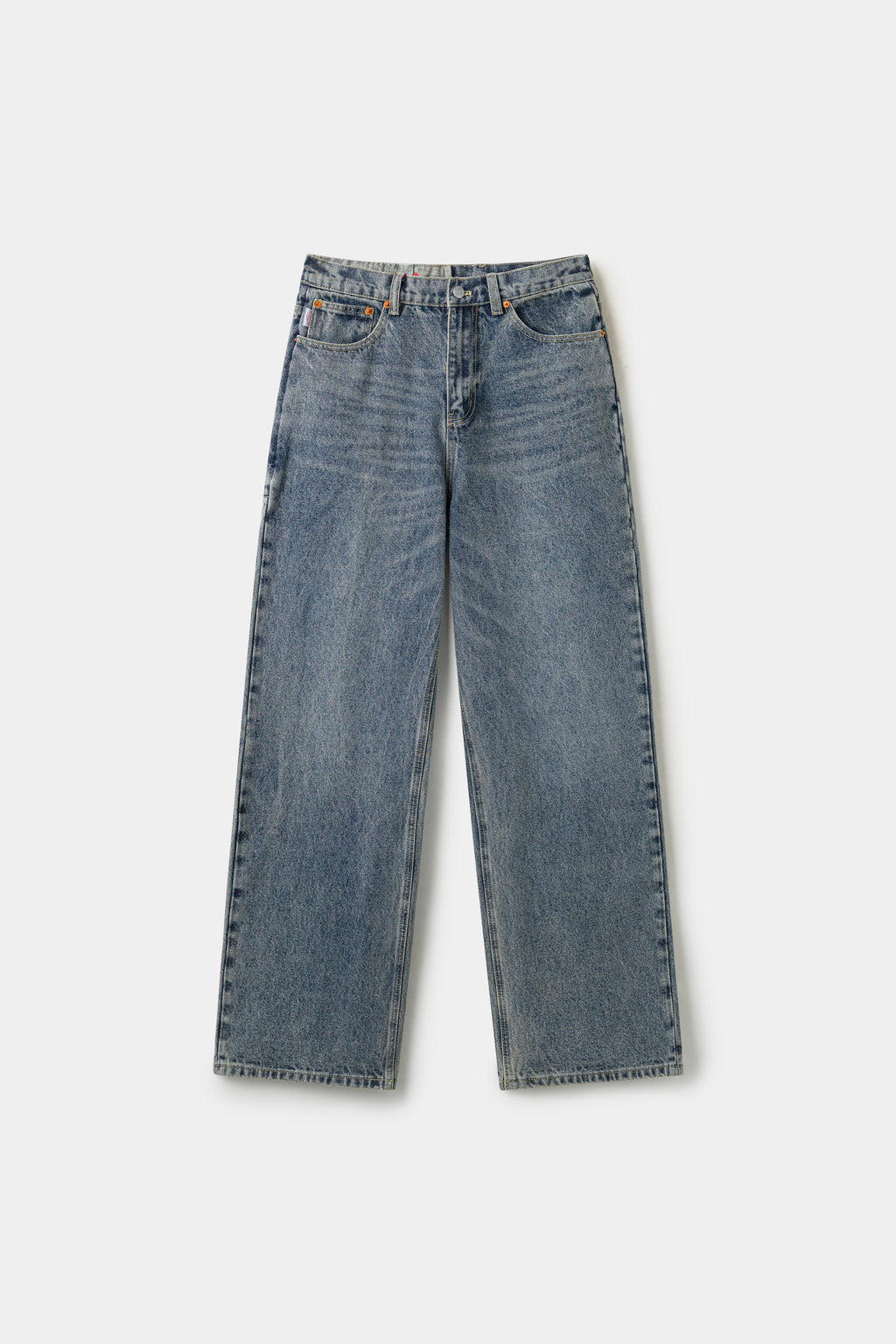 Front view of the washed blue wide-leg Underwear Denim.