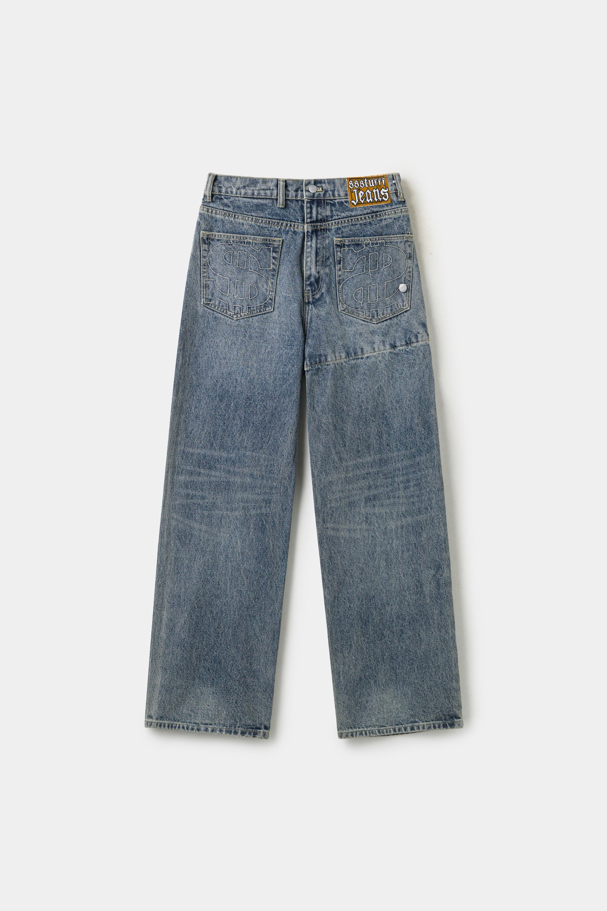 Underwear Denim in washed blue, a wide-leg jean with a $ logo embroidered on the back pocket and a zip at the back waist.