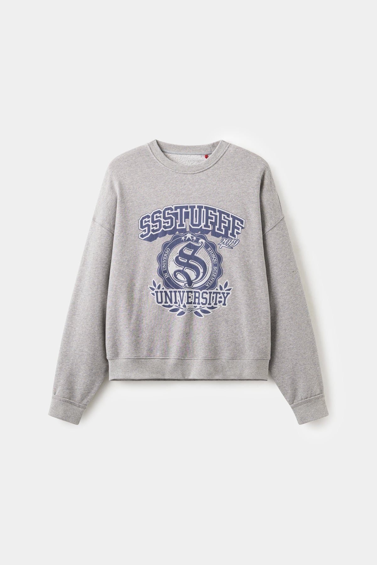 University Logo Crewneck in grey marl, printed with the SSSTUFFF University crest.