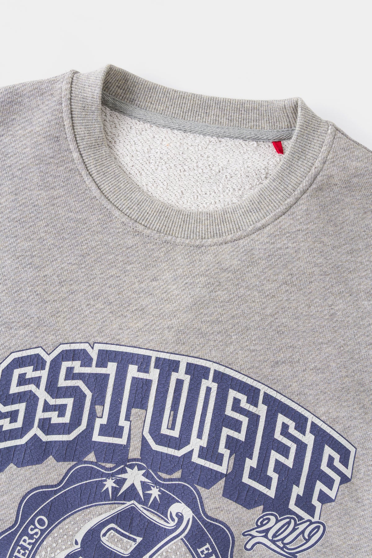 Close-up of the ribbed neckline above the navy crest print.