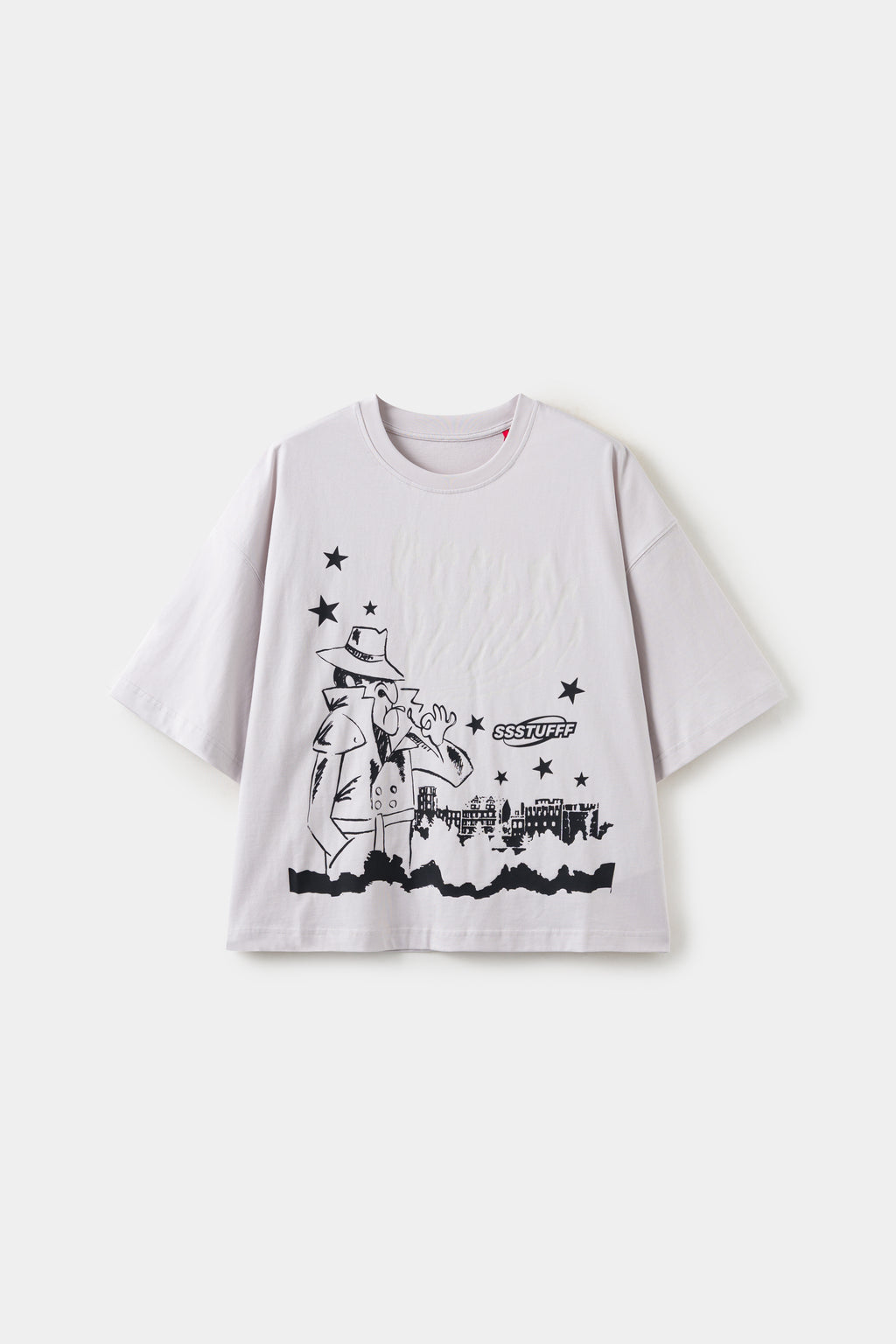 UV Smoking Detective Tee in white with a detective and city skyline printed at the front.