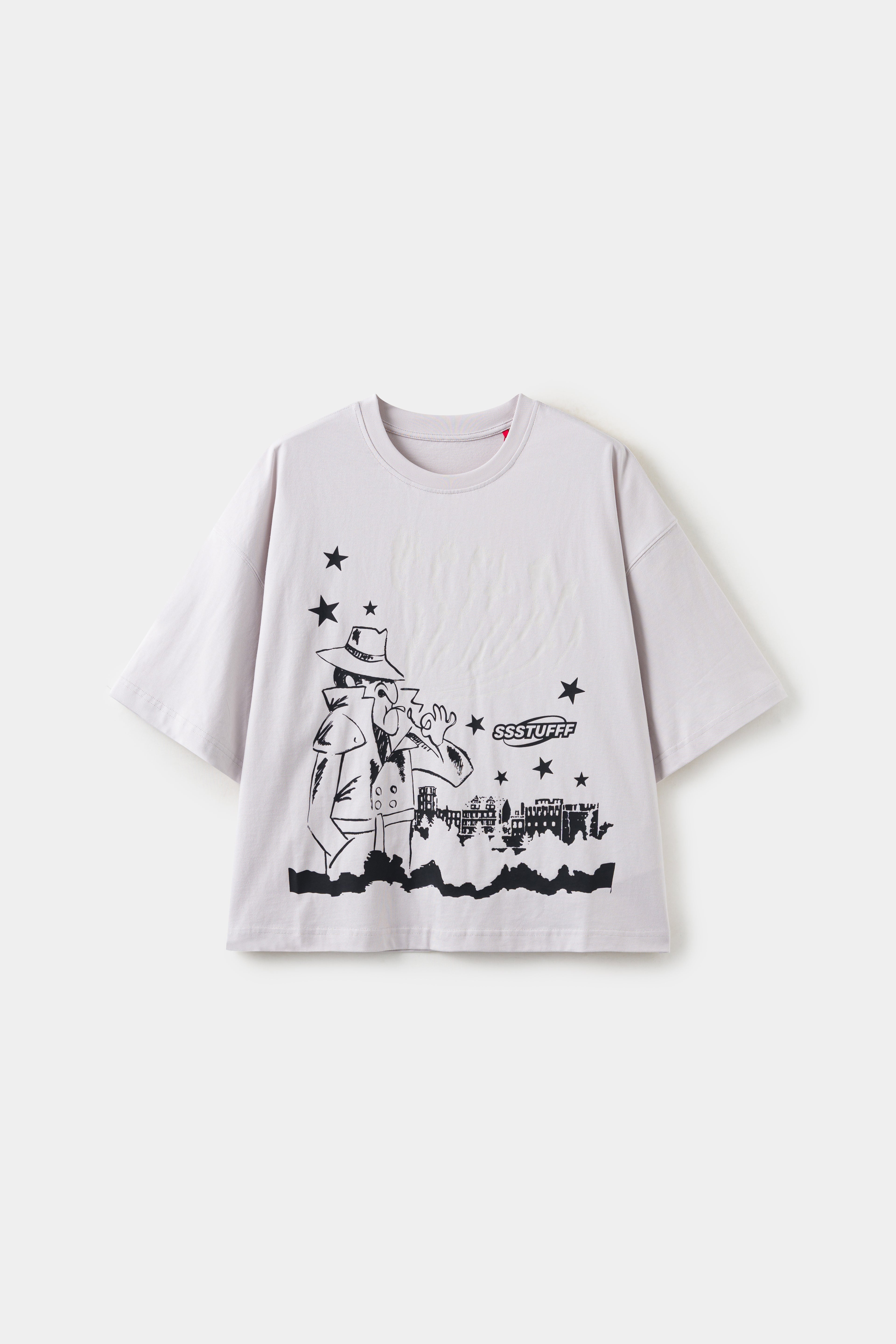 UV Smoking Detective Tee in white with a detective and city skyline printed at the front.