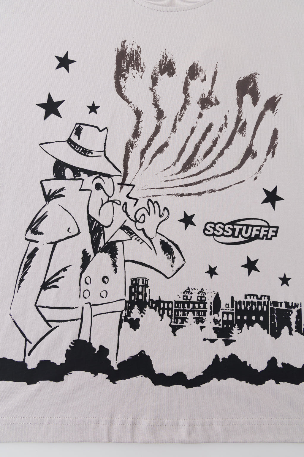 Close-up of the same print with the UV-reactive smoke plume revealed.