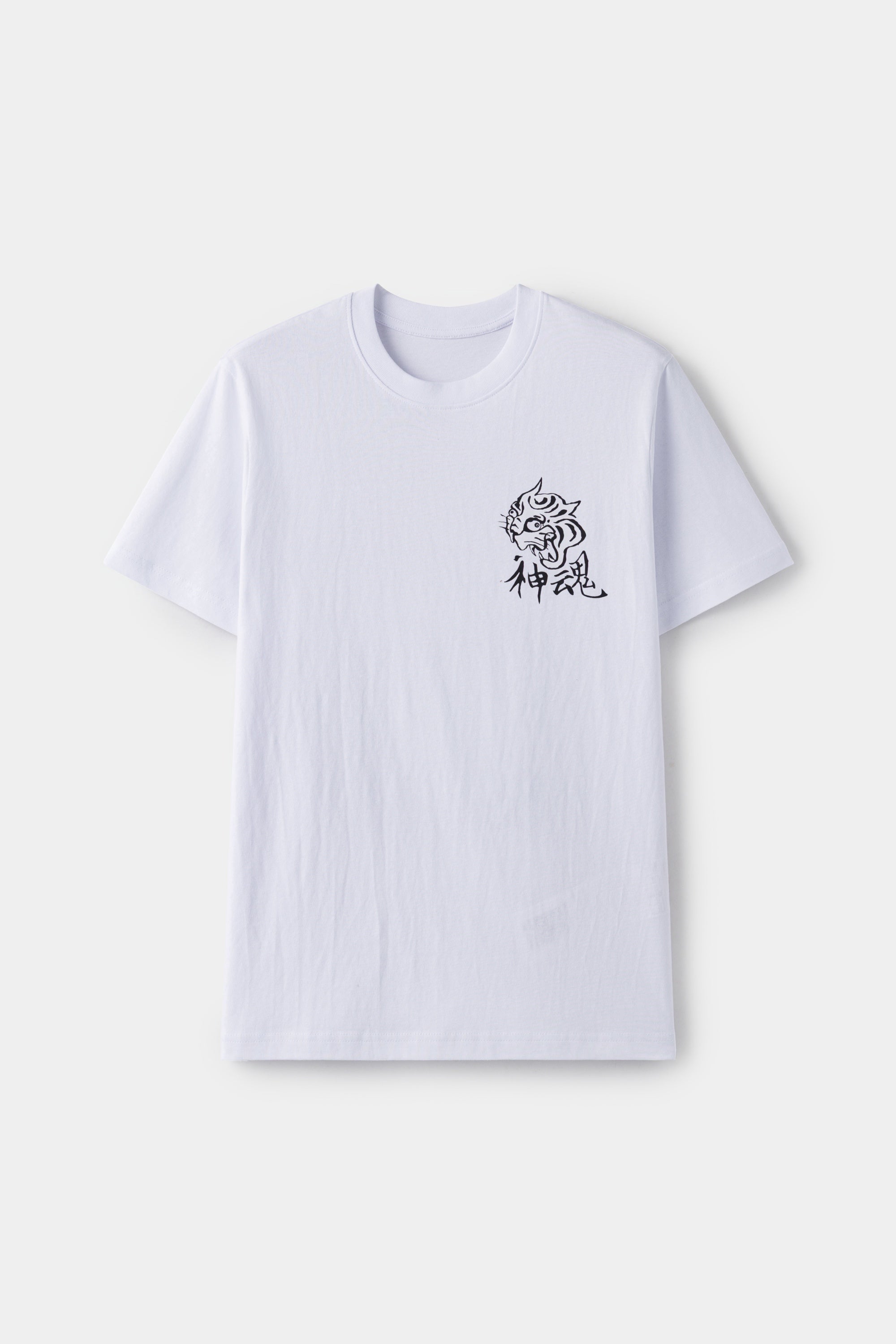 White t-shirt with black graphic design on a light gray background