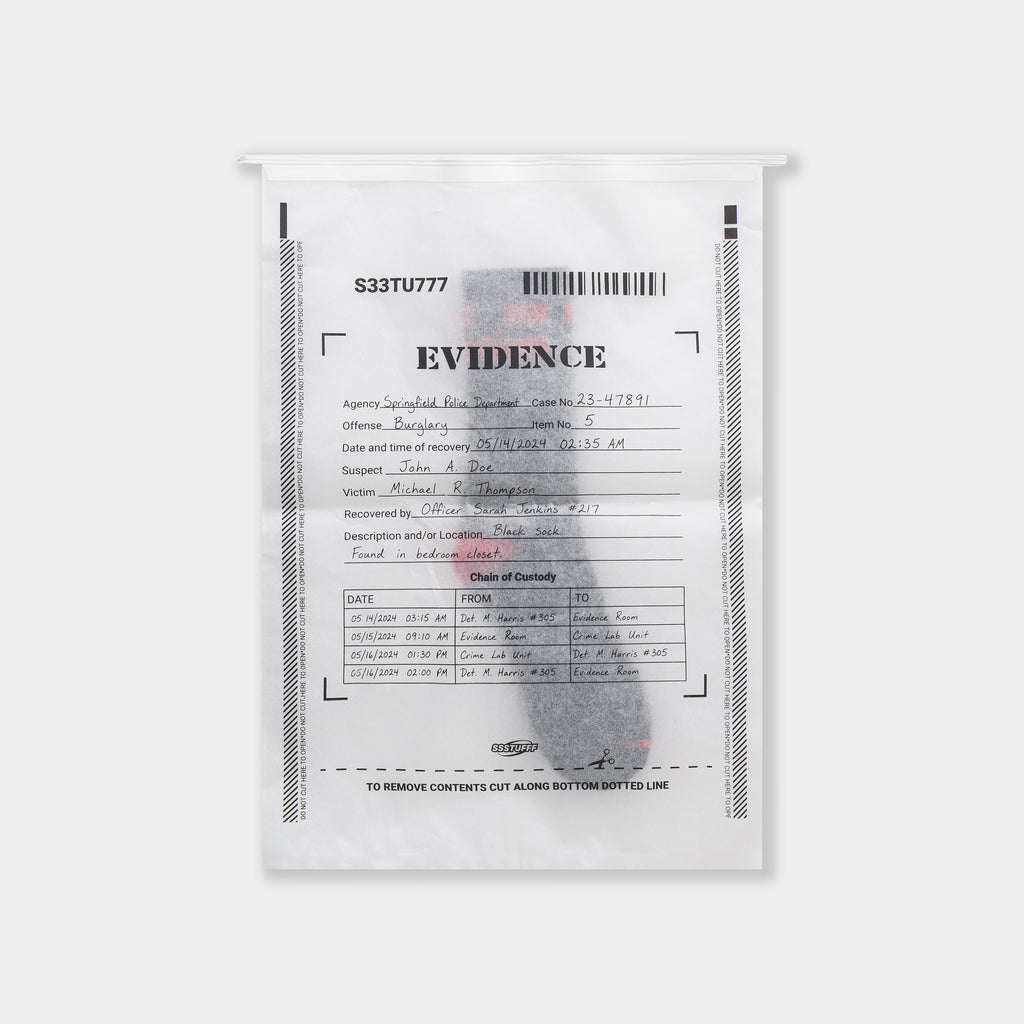 The Gunshots Socks packed in their printed EVIDENCE bag.