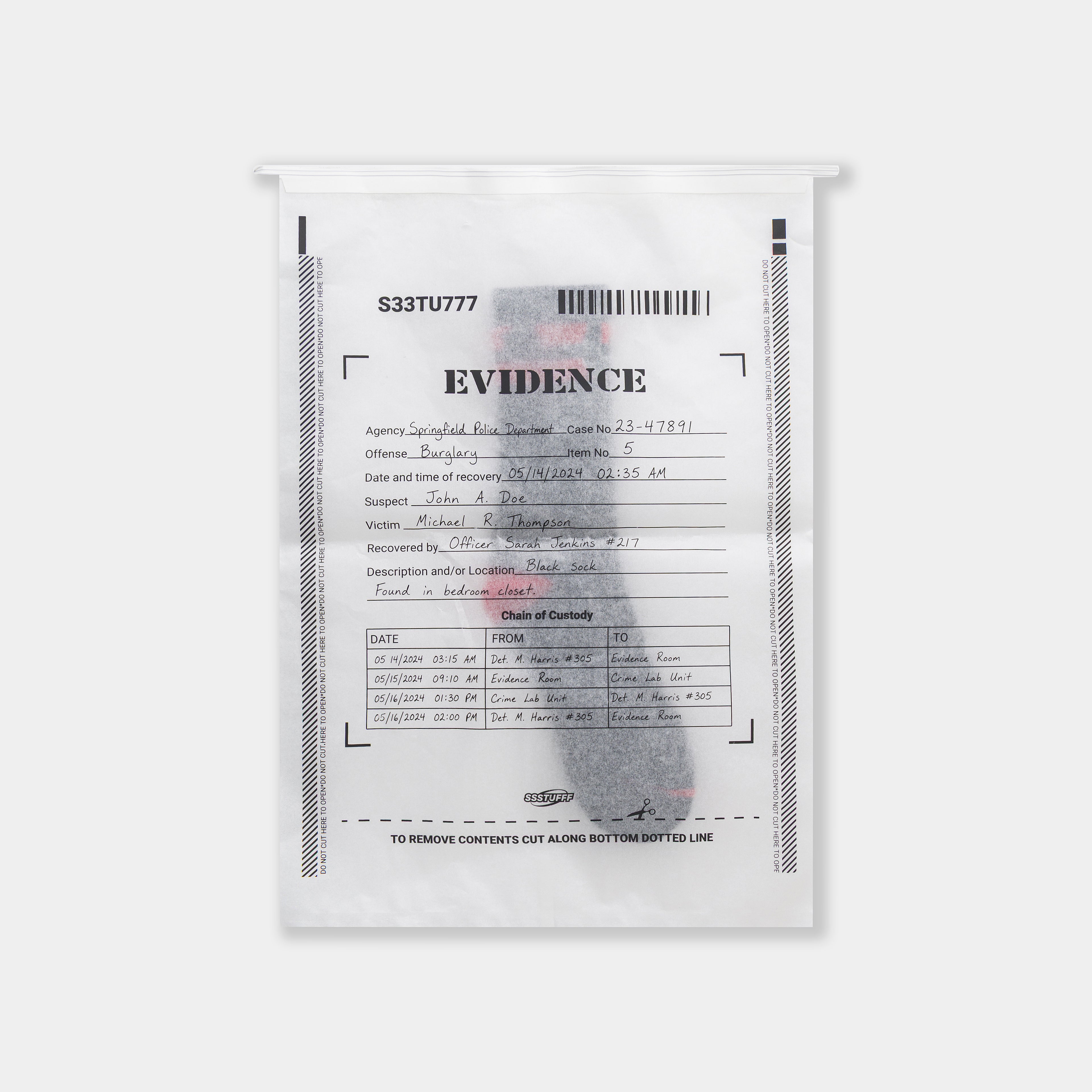The Gunshots Socks packed in their printed EVIDENCE bag.