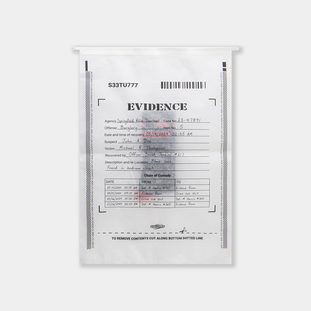 Close-up of the Gunshots Socks EVIDENCE bag packaging with its chain-of-custody form.