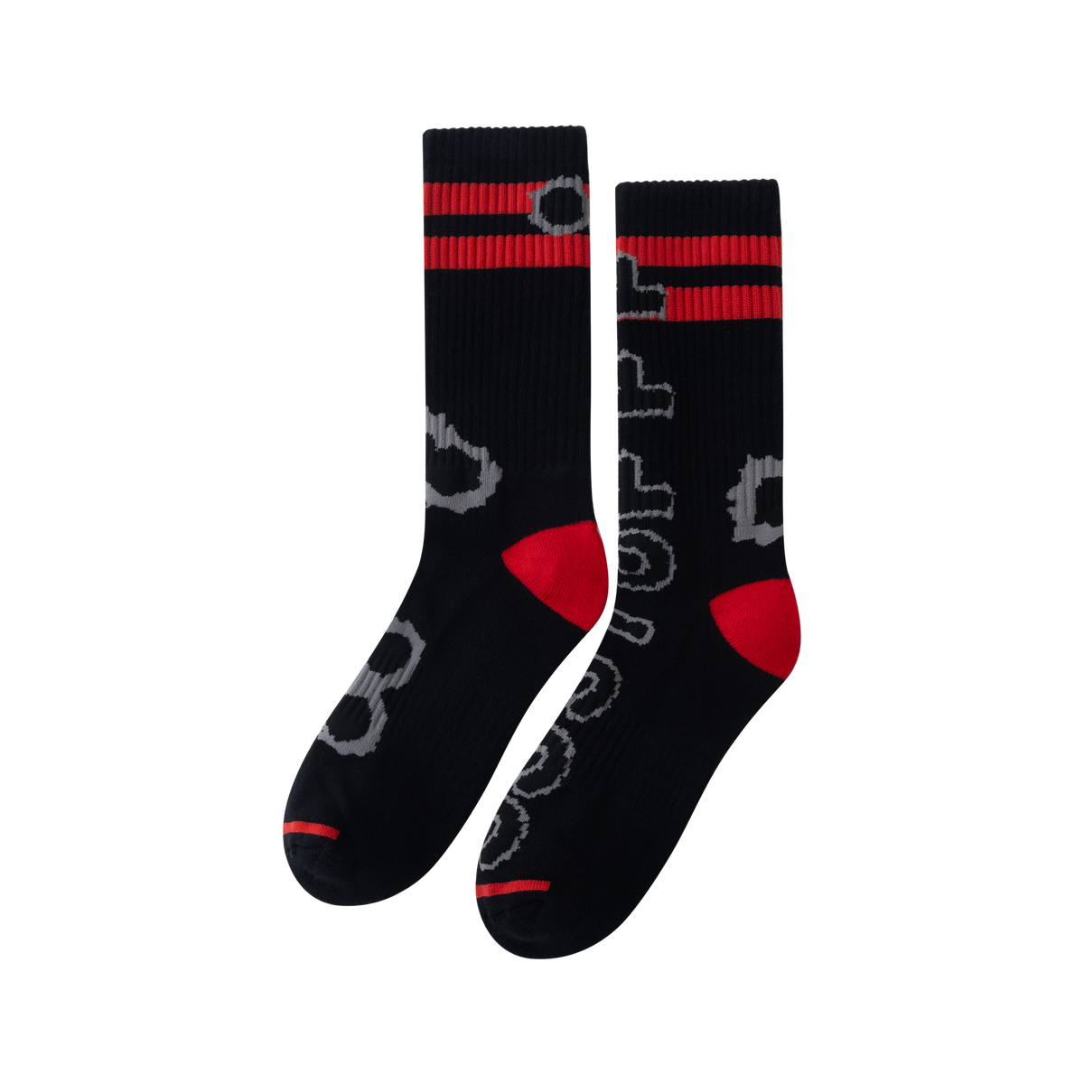 Gunshots Socks on a black background, showing the red stripes and bullet-hole knit.