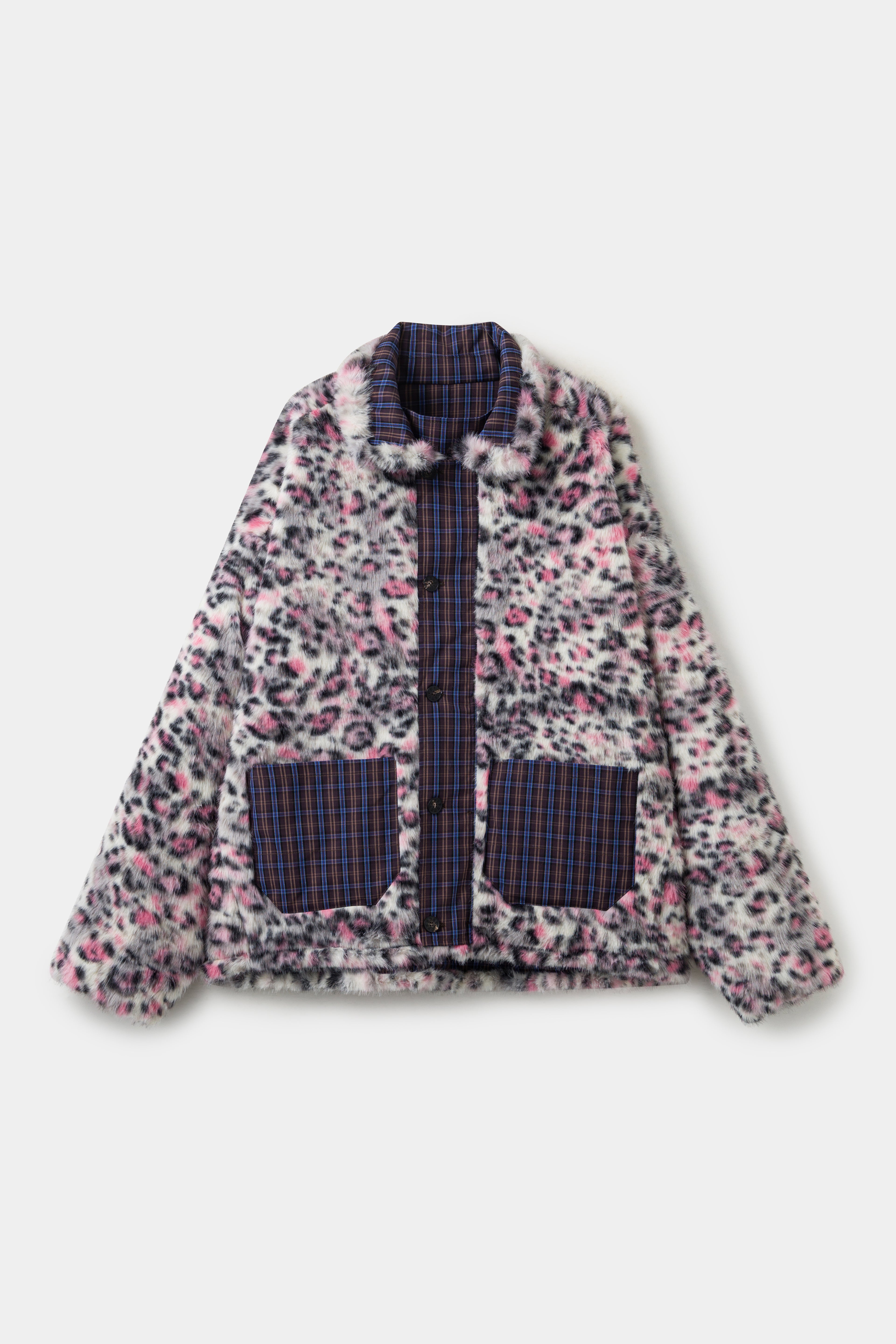 The coat reversed to the pink leopard faux fur side, with check patch pockets and placket.
