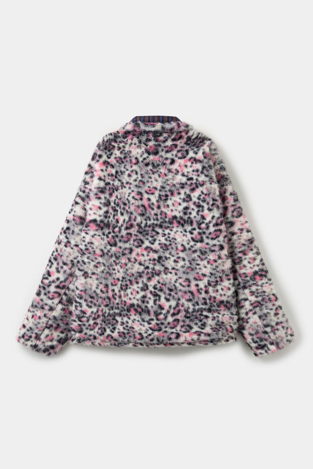 Back view of the coat on the pink leopard faux fur side.