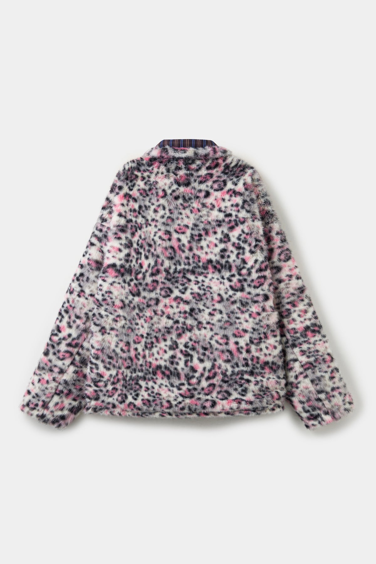 Back view of the coat on the pink leopard faux fur side.