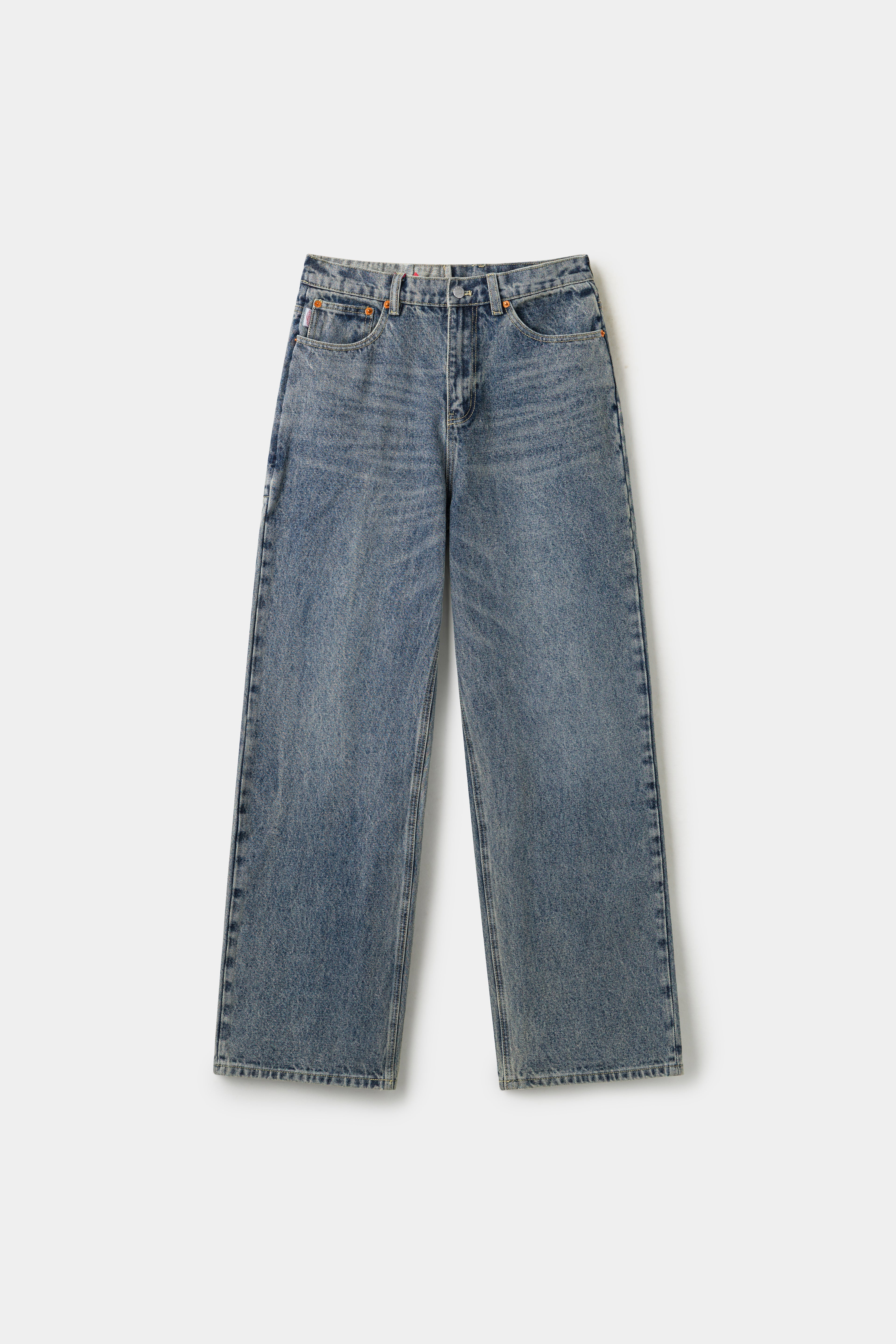 Front view of the washed blue wide-leg Underwear Denim.