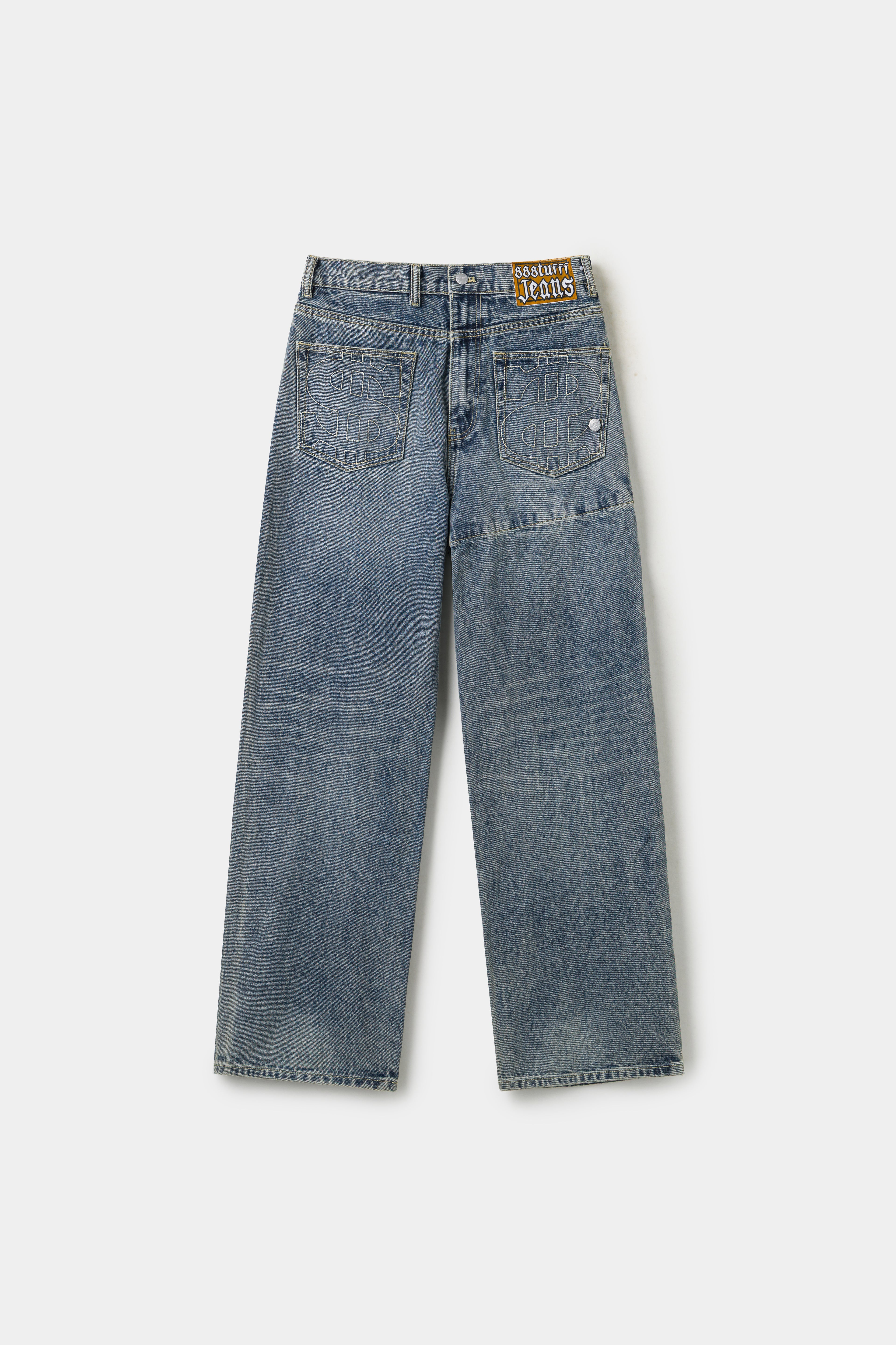 Underwear Denim in washed blue, a wide-leg jean with a $ logo embroidered on the back pocket and a zip at the back waist.