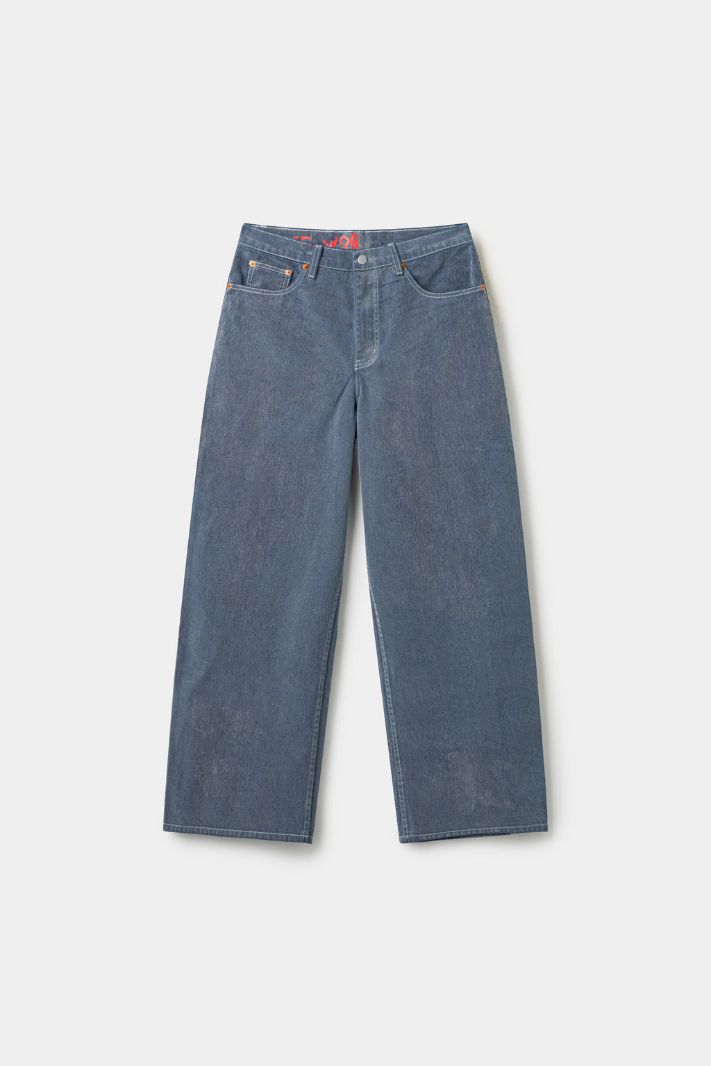 Flock Denim in washed light blue, a flocked wide straight-leg jean with a red SSSTUFFF label at the back waist.