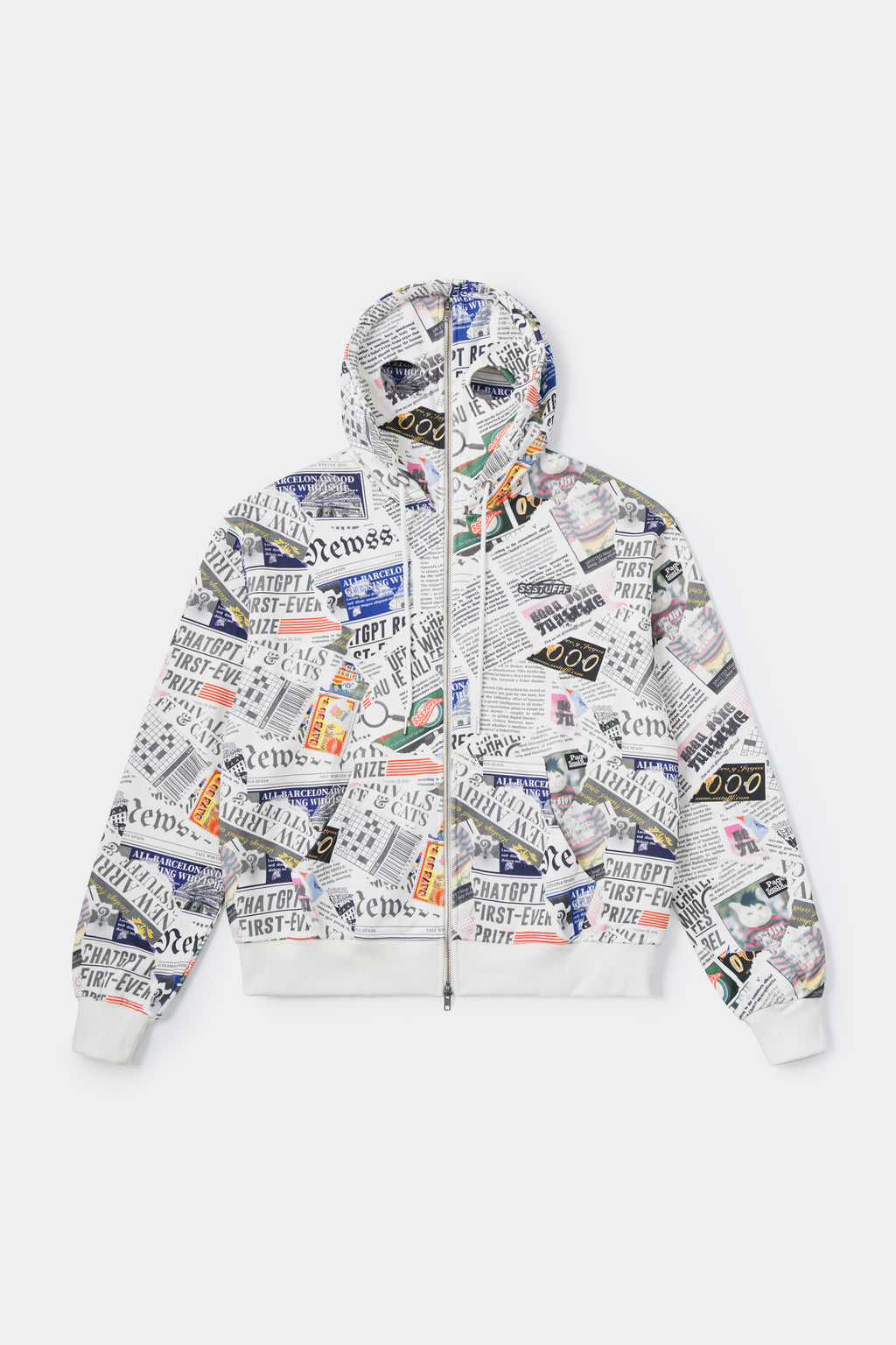 Newspaper Spy Hoodie, a zip-up hoodie printed all over with newsprint, with two eye holes cut into the hood.