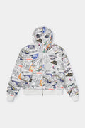 Newspaper Spy Hoodie, a zip-up hoodie printed all over with newsprint, with two eye holes cut into the hood.