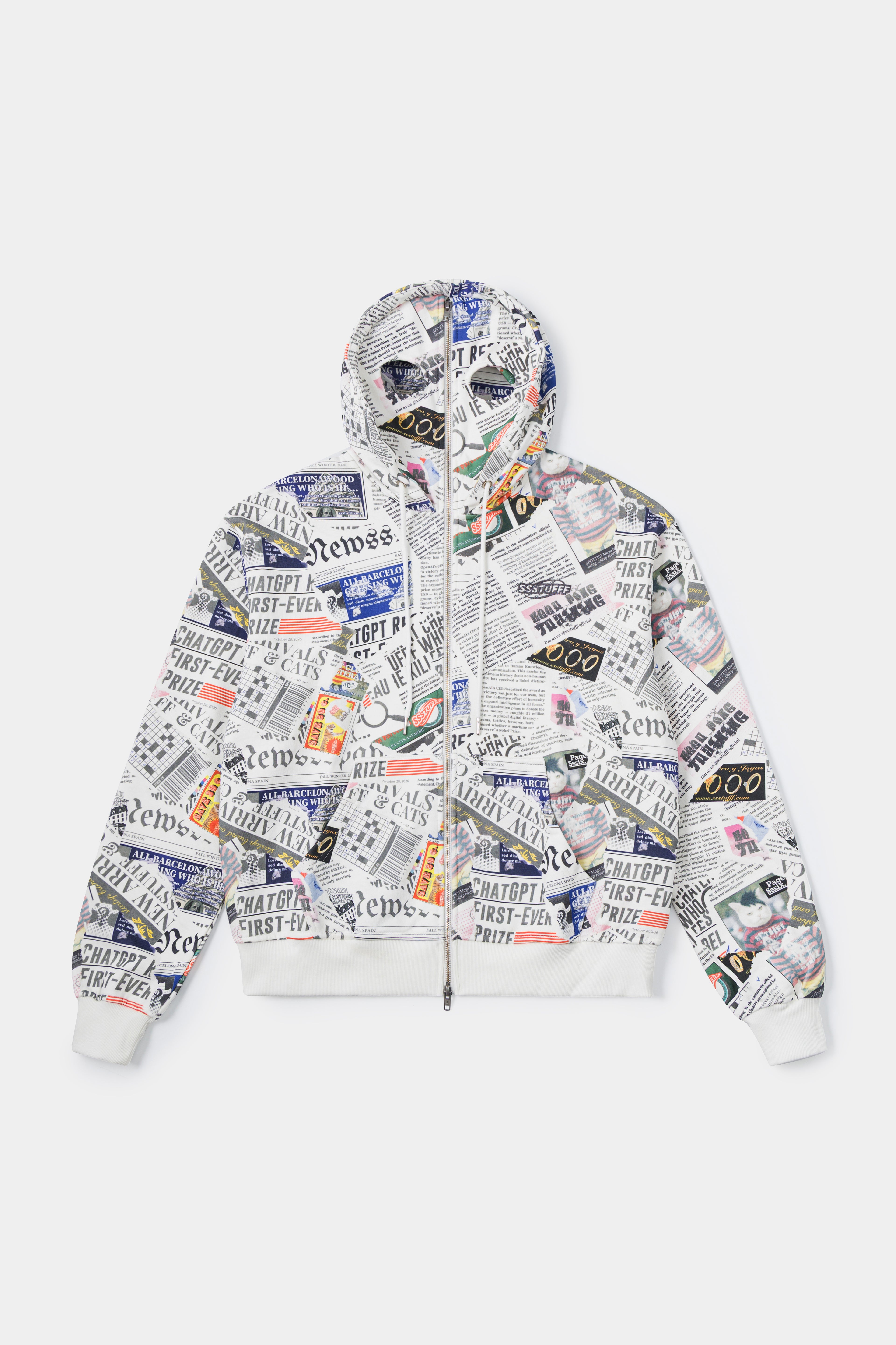 Newspaper Spy Hoodie, a zip-up hoodie printed all over with newsprint, with two eye holes cut into the hood.