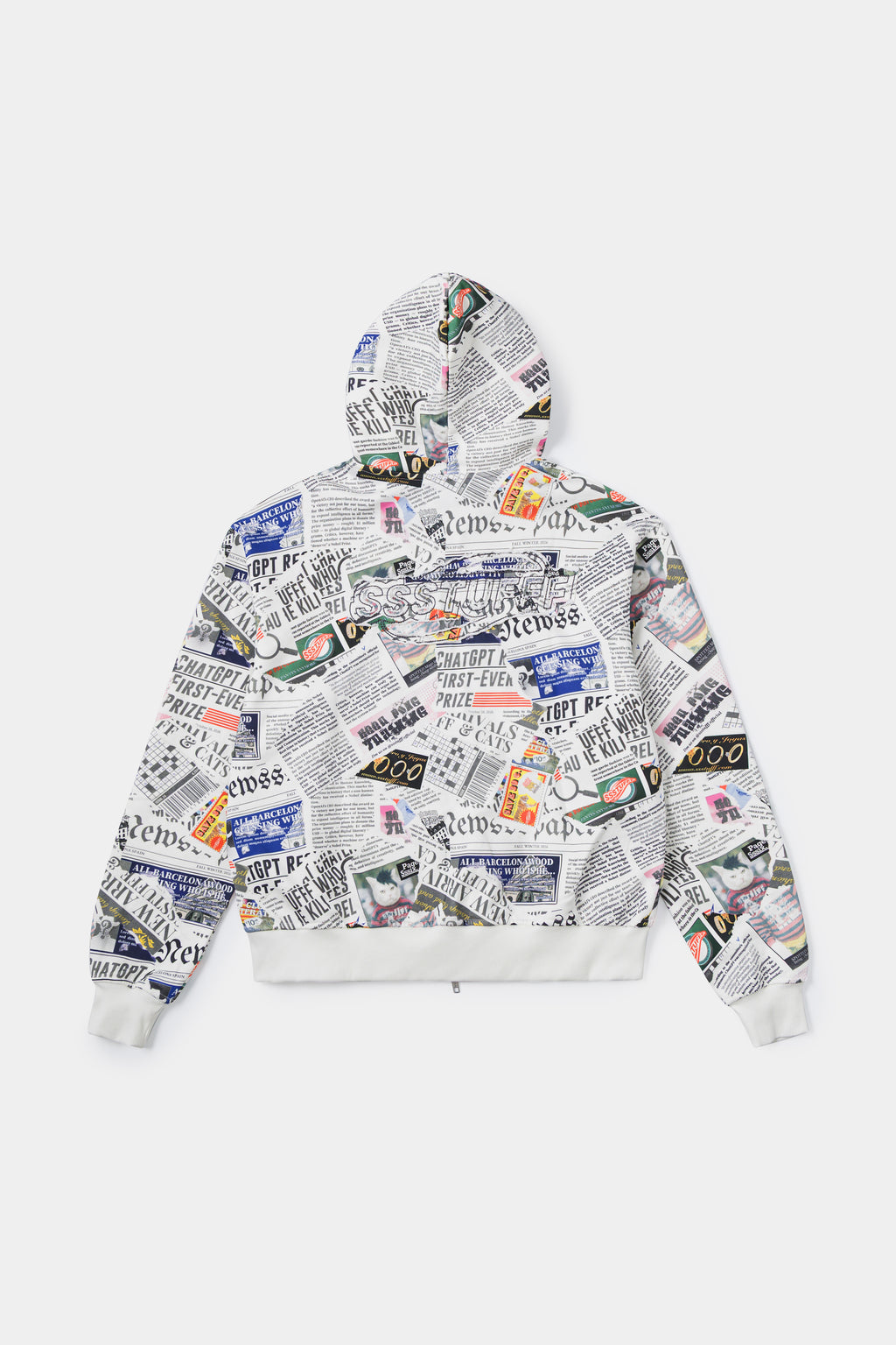 Back view of the Newspaper Spy Hoodie, newsprint across the back and both sleeves.