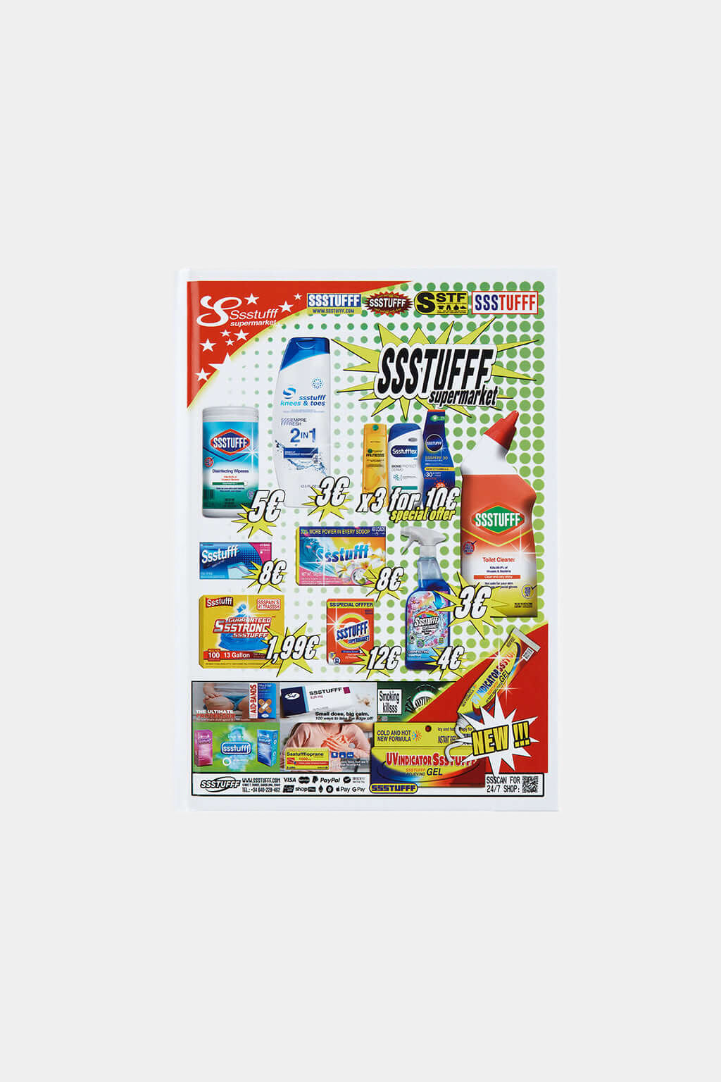 Hardcover notebook with a supermarket-flyer collage cover in red, blue and yellow, printed with the SSSTUFFF logo