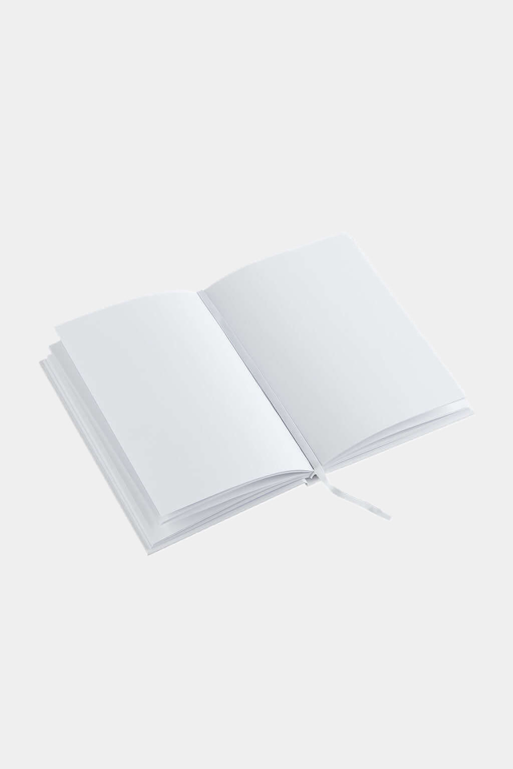 Catalogue Hardcover Notebook lying open, showing blank cream pages and the sewn binding