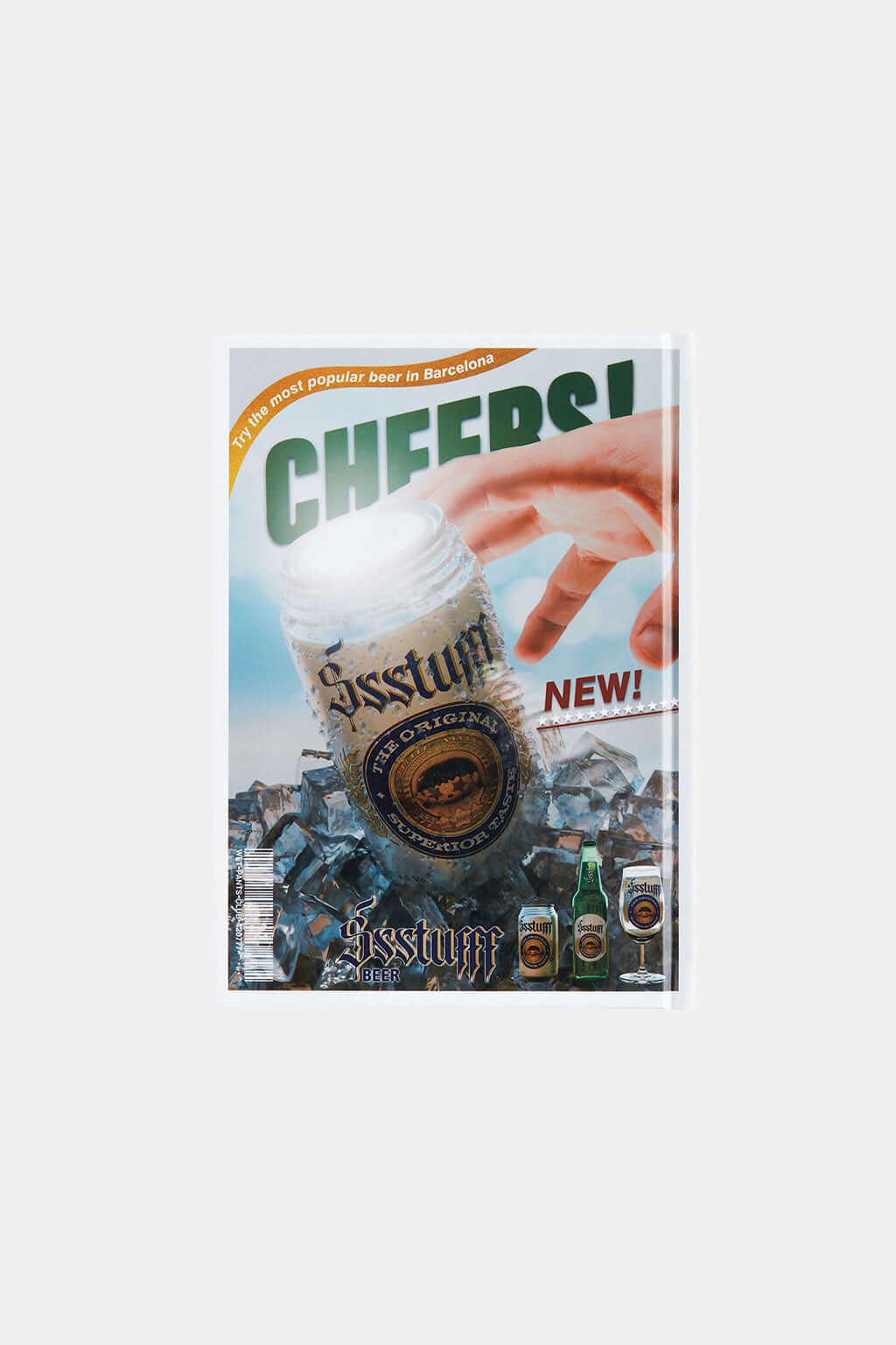 Reverse cover of the Catalogue Notebook with a CHEERS! bottle-advert collage in green and blue