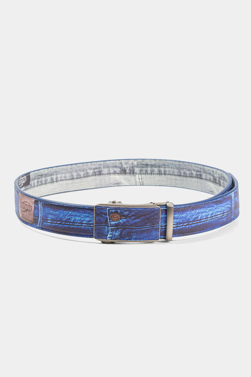 Not a Denim Belt laid straight, printed to look like blue denim, with a metal slide buckle and SSSTUFFF leather patch