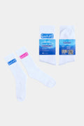 Pair of white ribbed crew socks with knit ssstufff logos in blue and pink, shown next to their two blister packets