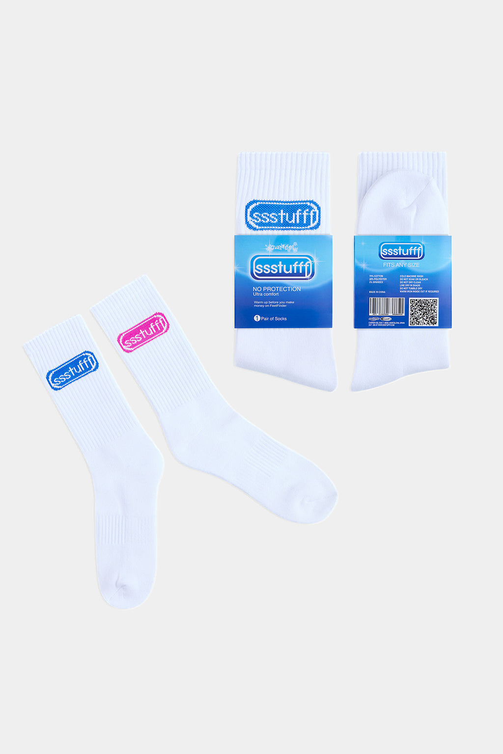 Pair of white ribbed crew socks with knit ssstufff logos in blue and pink, shown next to their two blister packets