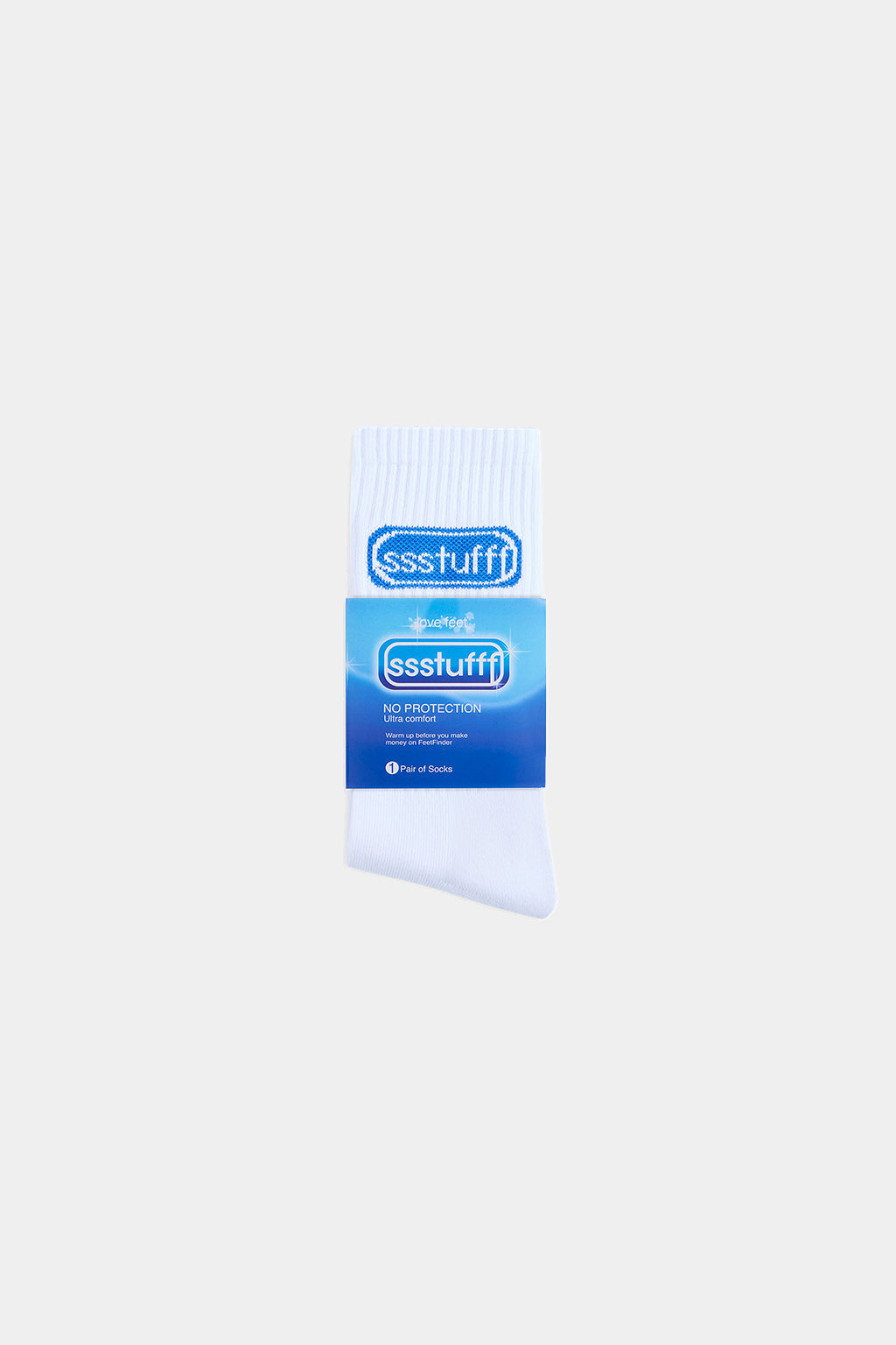 Single white No Protection sock sealed in its printed blister packet