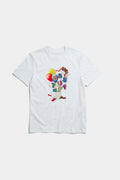 White t-shirt with colorful birthday balloons and gift graphic in CMYK screenprint