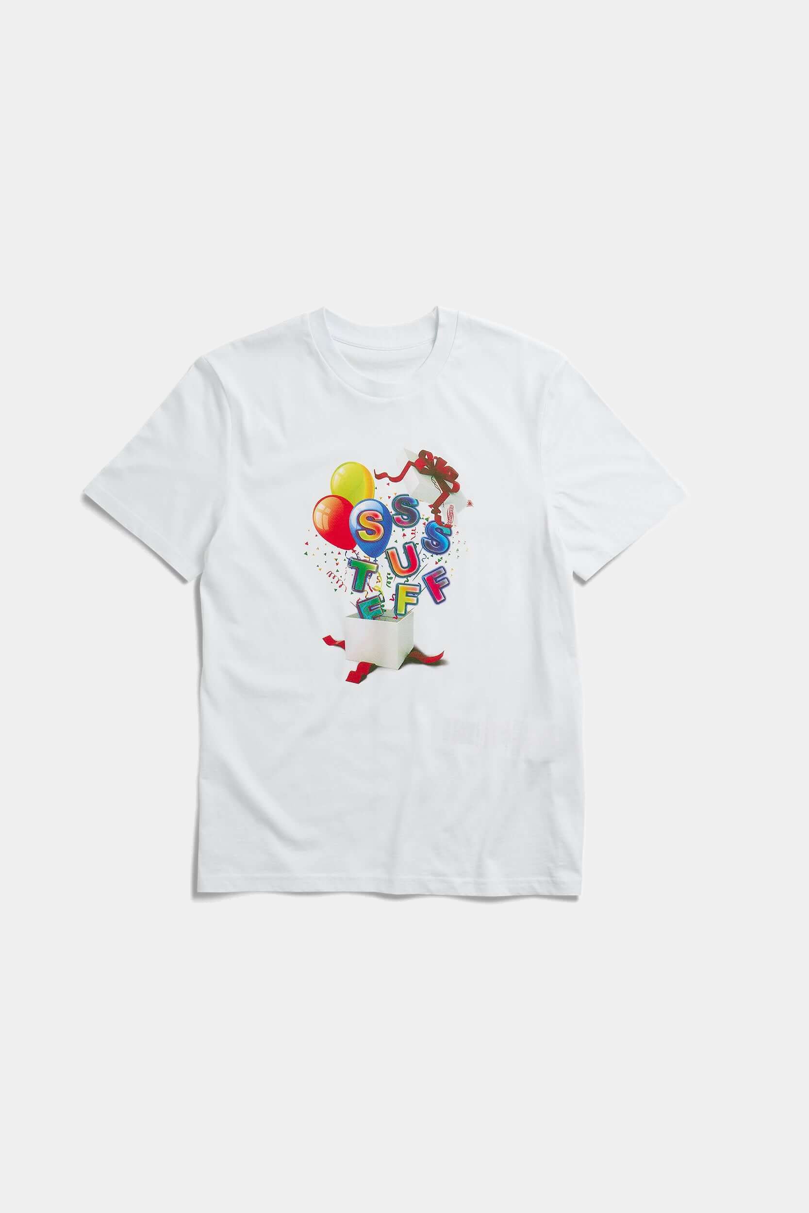 White t-shirt with colorful birthday balloons and gift graphic in CMYK screenprint