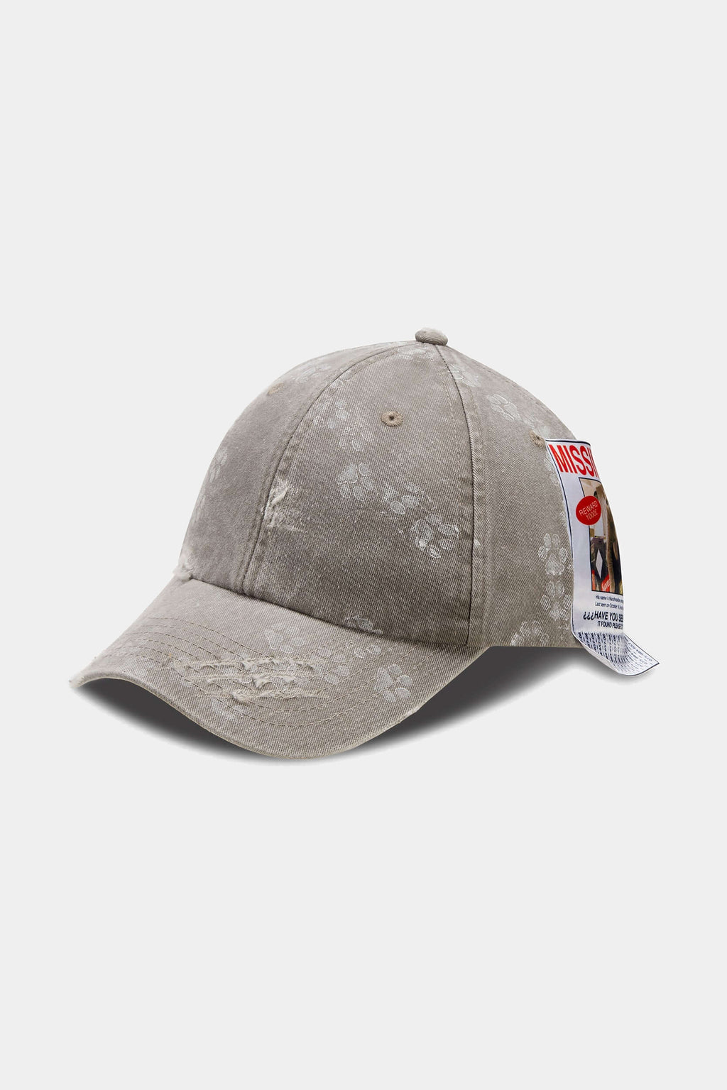 Side view of the light grey Missing Cat Cap, showing the curved brim and washed finish