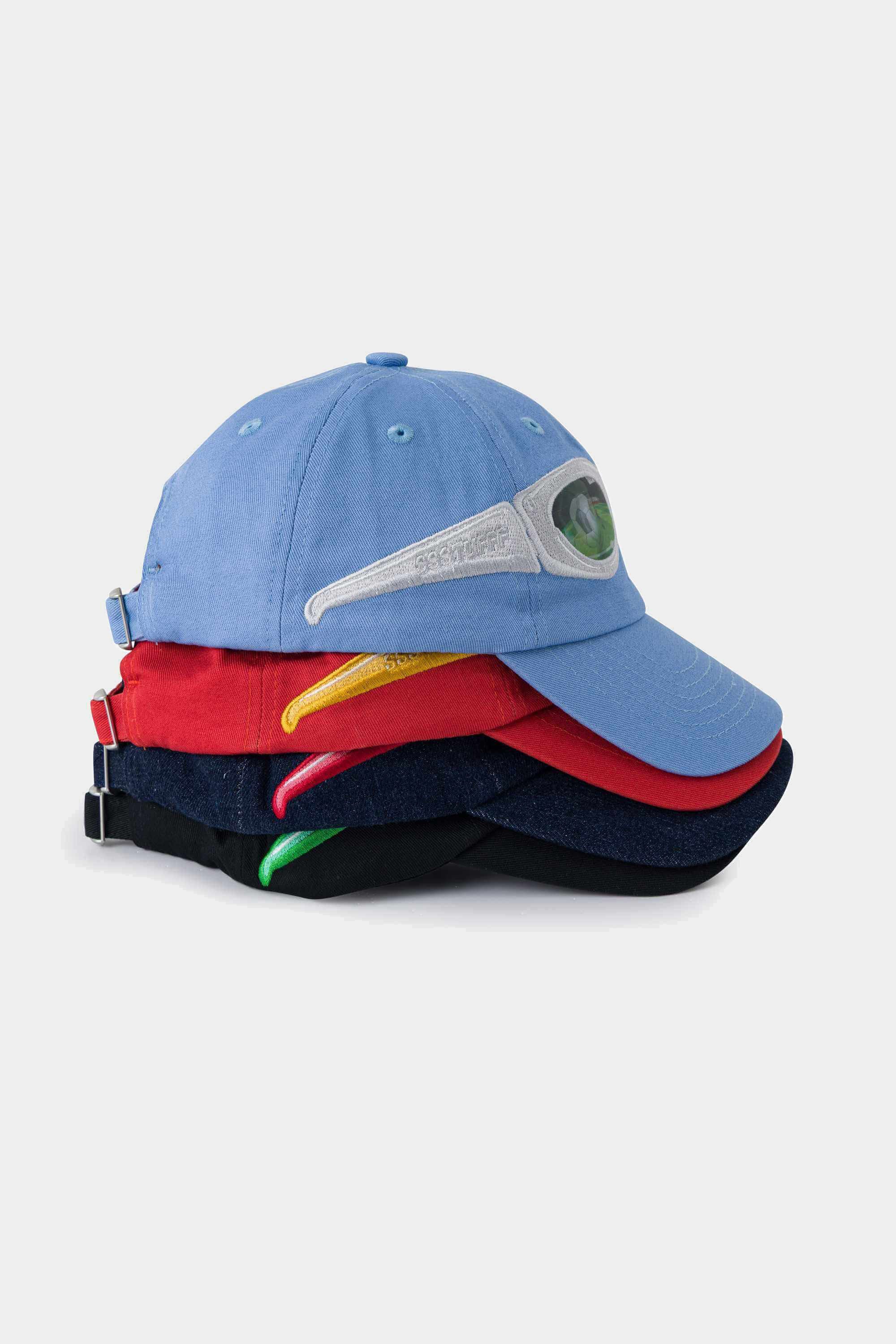 Lenticular Sunglasses Caps stacked in all four colourways: light blue, red, denim and black