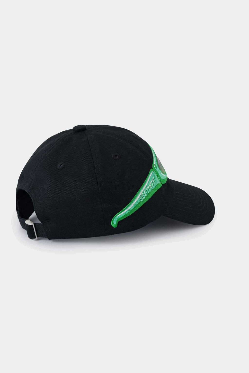 Side view of the black Lenticular Sunglasses Cap, the green glasses patch wrapping onto the brim