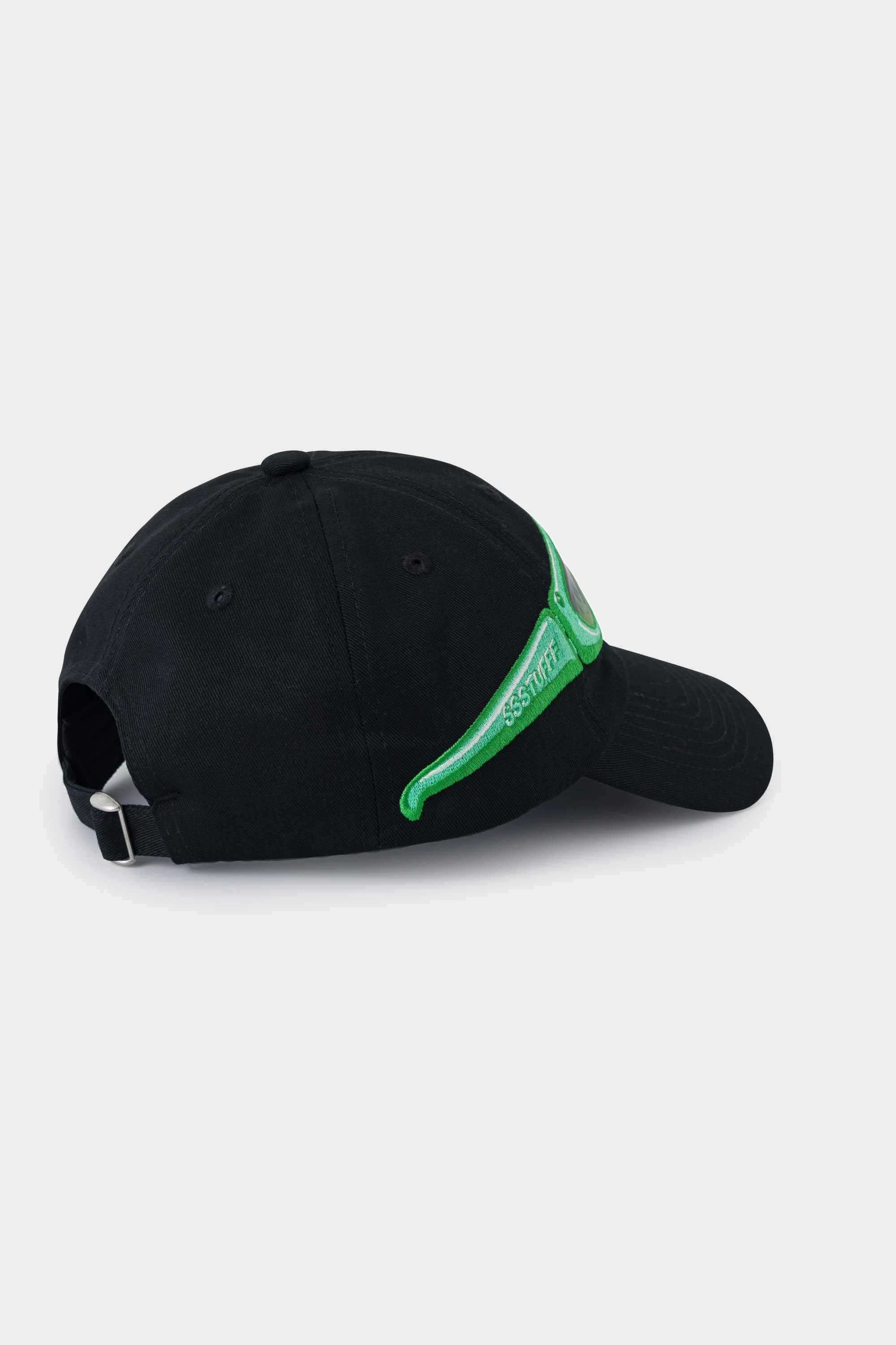 Side view of the black Lenticular Sunglasses Cap, the green glasses patch wrapping onto the brim