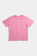 Pink t-shirt laid flat with a functional button placket running down the front