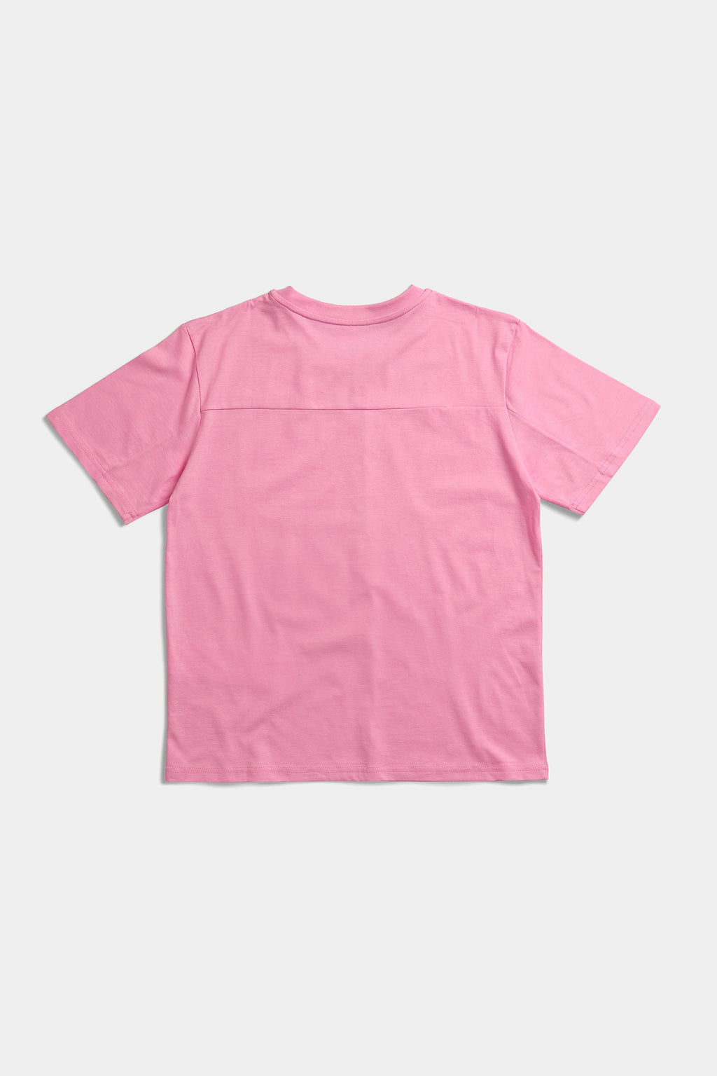 Back of the pink Buttons Shirt Tee laid flat, showing the horizontal yoke seam